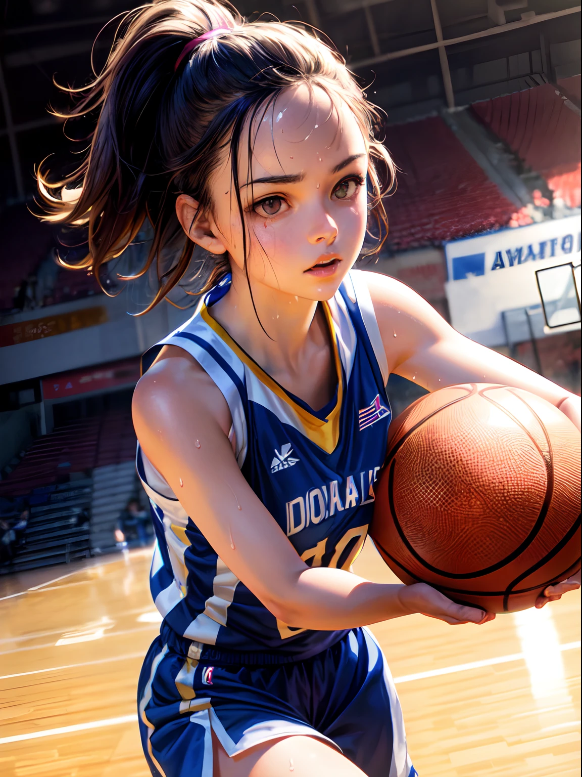 Best Quality, masutepiece,  High resolution, (Photorealistic:1.4), Raw photo, 1 beautiful girl ,Dynamic Angle,Female　Basketball player,small head, nice legs,Glowing skin, Sweat,At the basketball venue,(Detailed beautiful face:1.4),detailed skins,Detailed eyes,detailed hairs,Shoot the ball,Cute Girl,Pretty