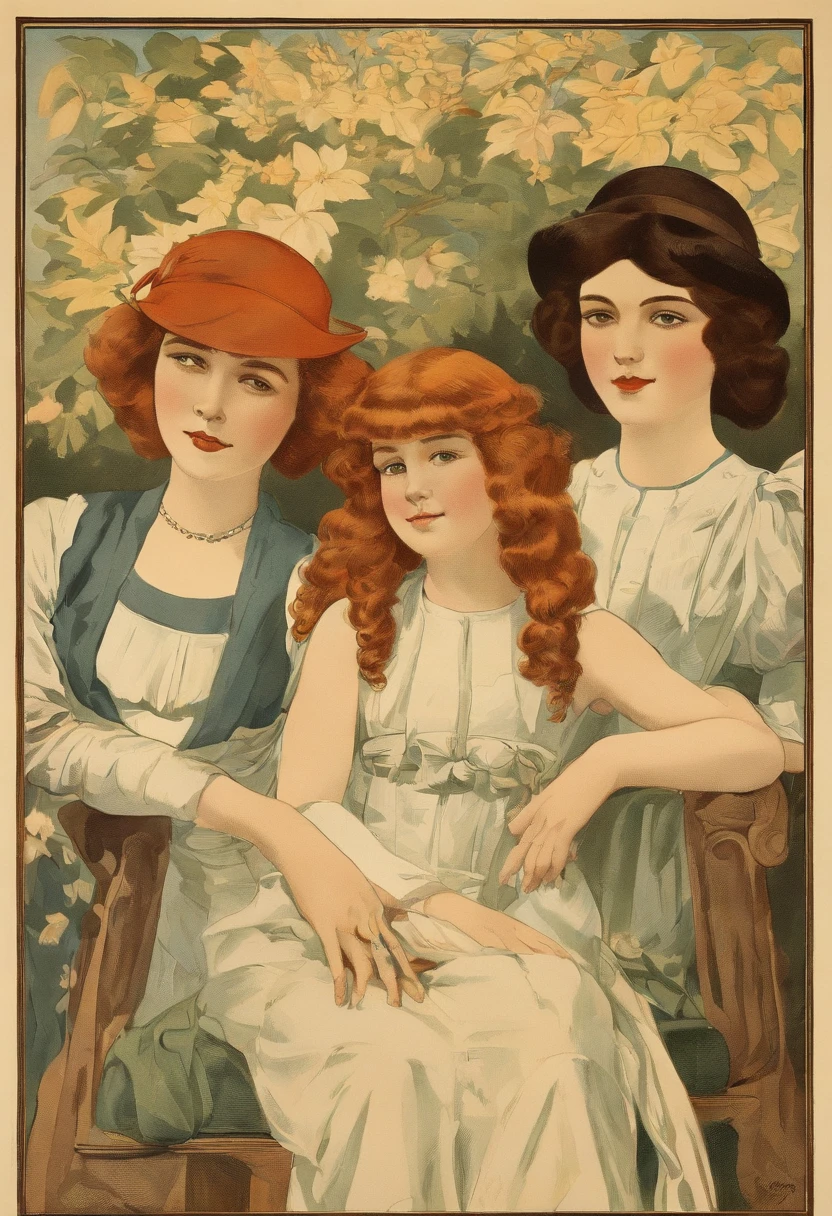1918, World War I, portrait, 1910s fashion, four pretty sisters with red hair. A young woman in her twenties, the only one who wears her long hair up, sits in an elegant chair, next to her is a girl of sixteen who wears her long hair down, also sitting in an adjacent chair. In the middle are two girls with long loose hair, a fifteen-year-old teenager and a twelve-year-old pre-teen.