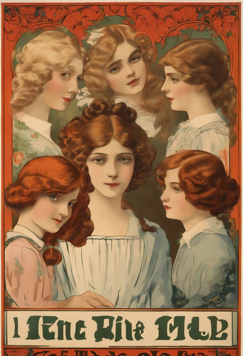 1918, World War I, portrait, 1910s fashion, four pretty sisters with red hair. A young woman in her twenties, the only one who wears her long hair up, sits in an elegant chair, next to her is a girl of who wears her long hair down, also sitting in an adjacent chair. In the middle are two girls with long loose hair, a fifteenld teenaand aelve-year-old pre-t