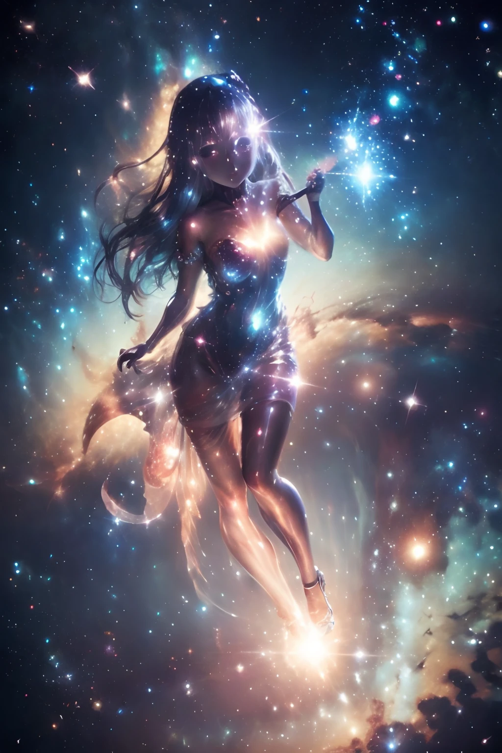 A beautiful woman floating in the vastness of space. A background of sparkling stars and a beautiful galaxy. She is at the center of the universe, surrounded by a soft and gentle pink light. She is depicted relaxing, the light of love spreading throughout her body, and feeling a deep sense of peace. infinity symbol