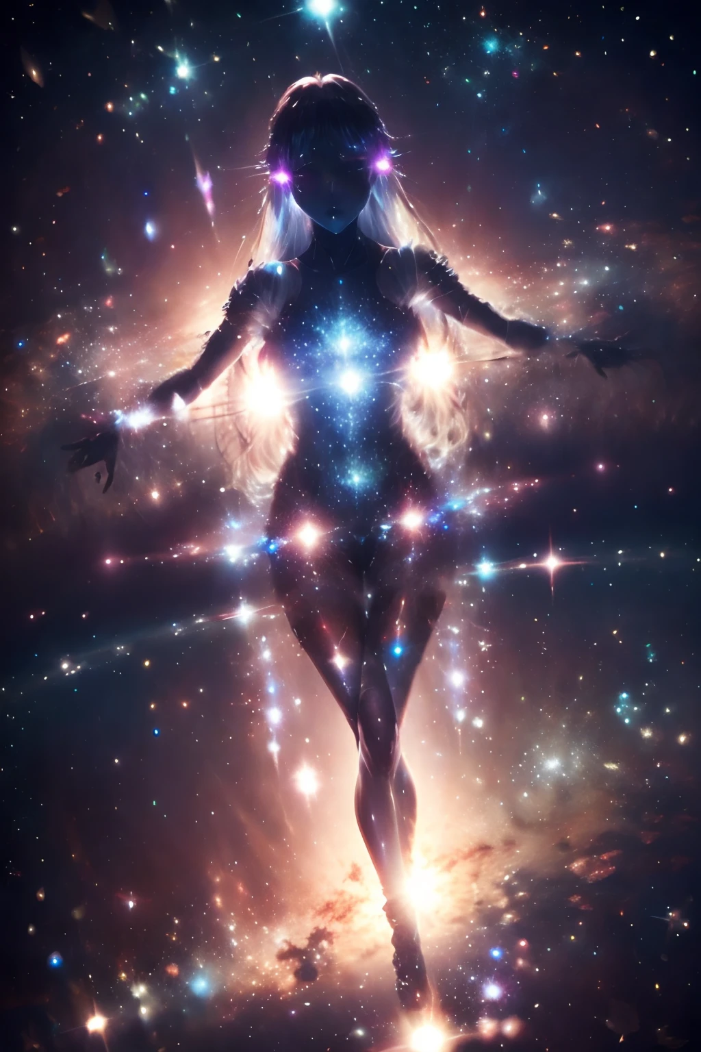 Prismatic Woman, Spinning in space, Galaxy in the background, Moments of joy, Beautiful pictures, japanese anime style