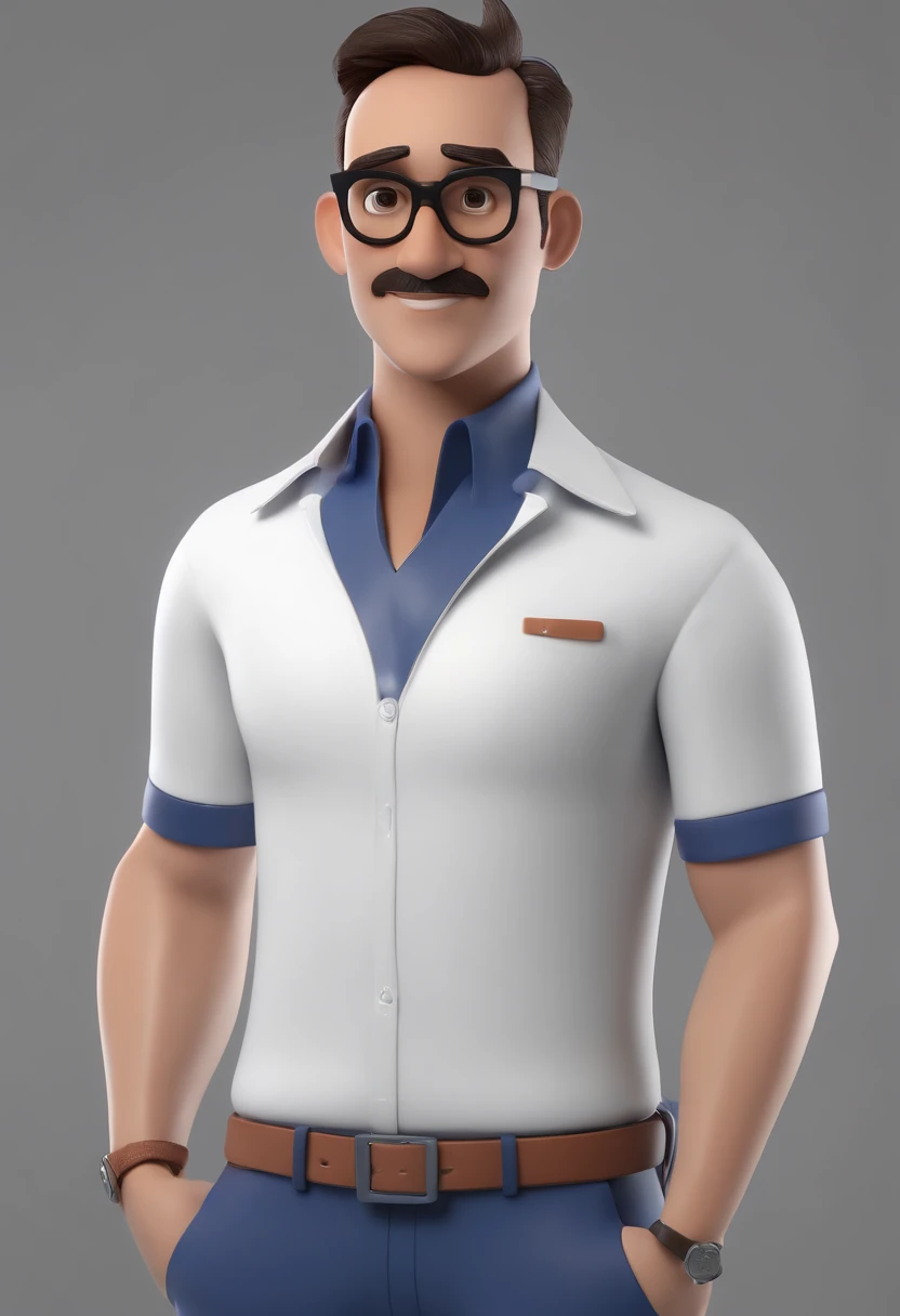 Cartoon character of a man wearing black glasses and a blue shirt, um personagem animado, Caractere estilizado, animation style rendering, 3D estilizado, Arnold Maya render, 3 d render stylized, toon render keyshot, Personagem 3D, Personagem 3D, 3d rendering stylized, 3 d character render, personagem de desenho animado, Personagem de close up, Pose de personagem, (Estilo Pixar) (master part:1.2) (Bokeh) (best quality) (pele detalhada) (textura detalhada) (8k) (argila) (Cinematic lighting) (foco nítido,Senta e vaza a parte superior do corpo