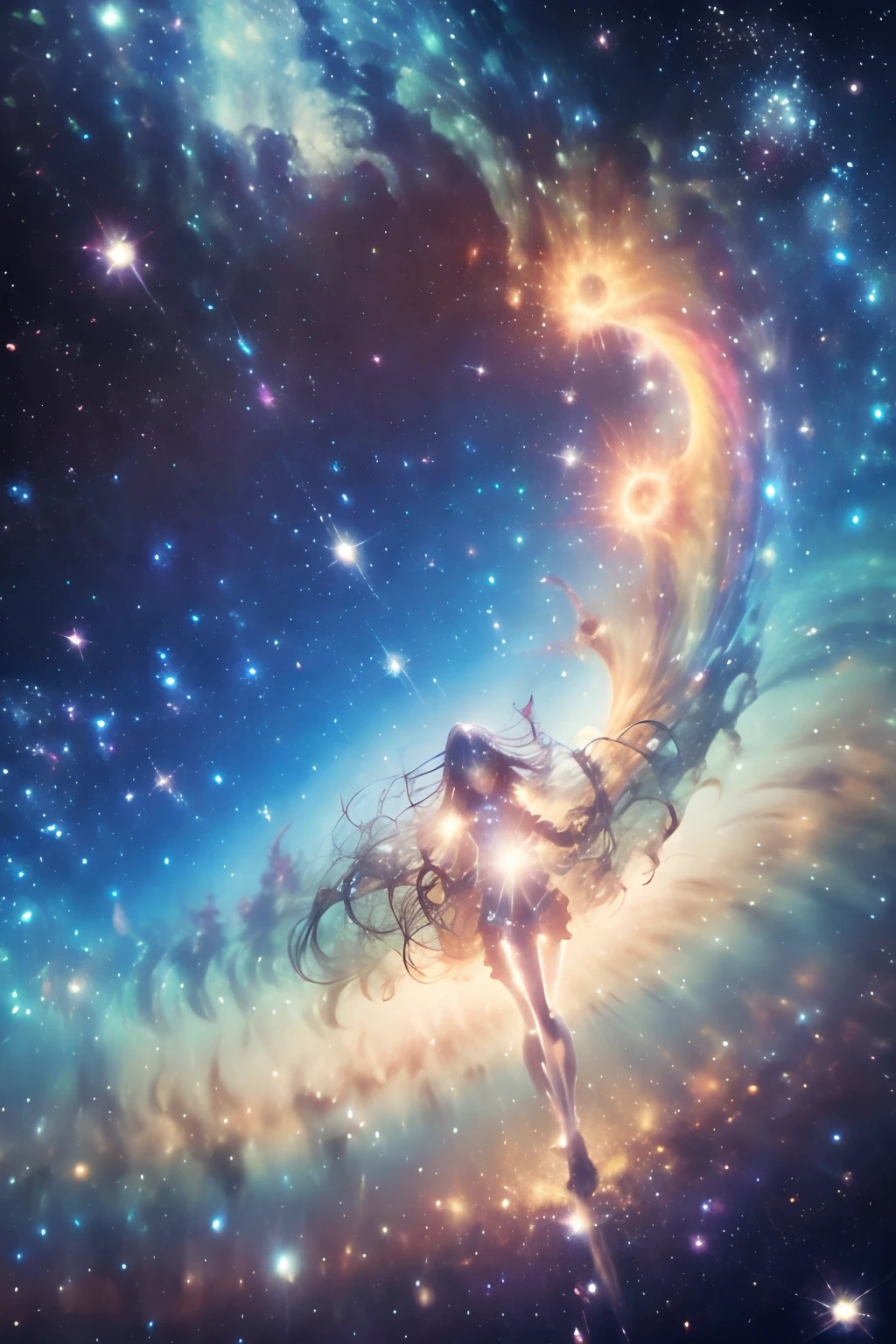 Prismatic Woman, Spinning in space, Galaxy in the background, Moments of joy, Beautiful pictures, japanese anime style