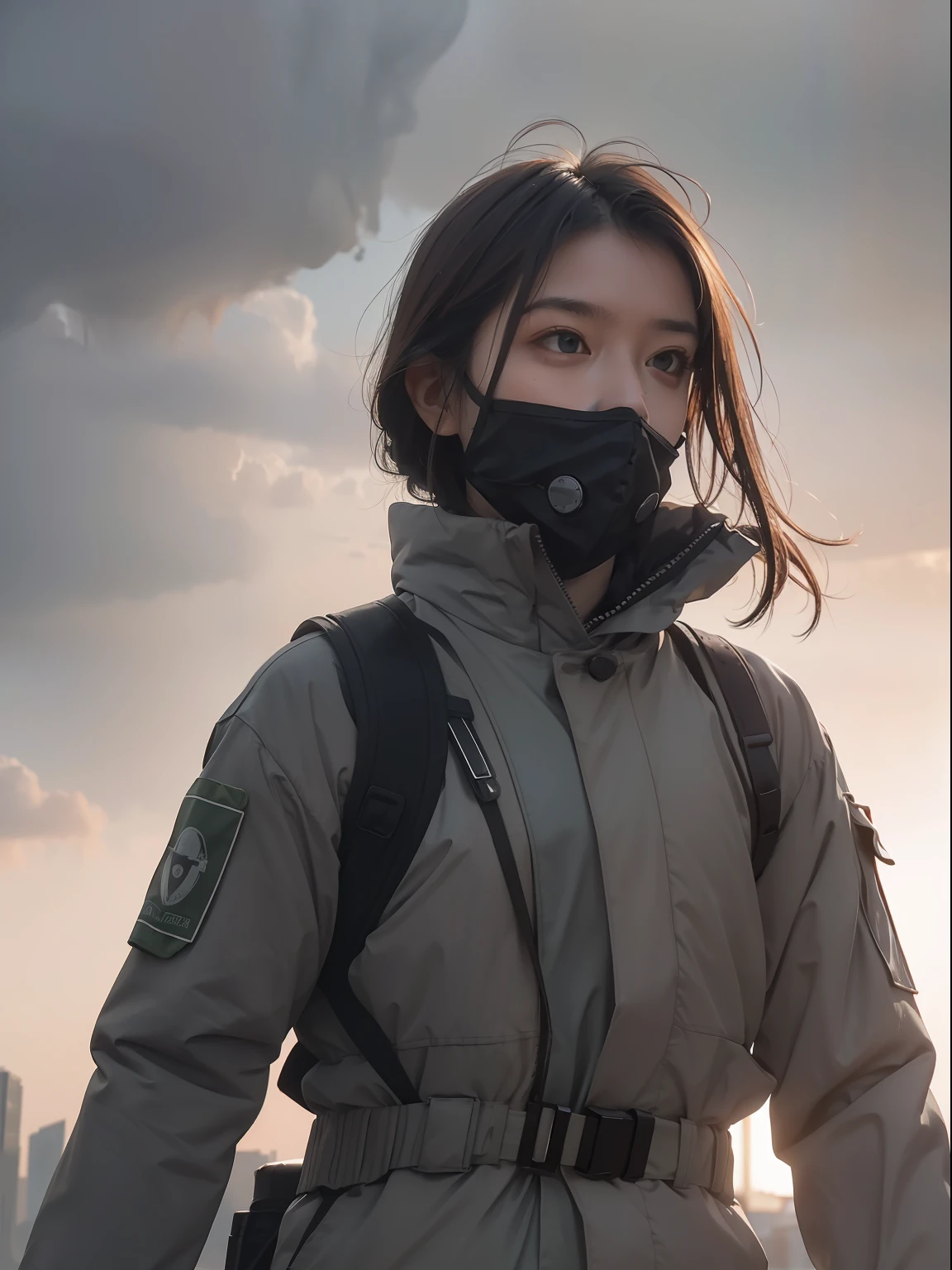 (Ultra detailed), (Masterpiece), (Best quality), (Very detailed CG unit 8K wallpaper), A man in a gas suit explores an abandoned city, Follow this path, polluted, Abandoned, (Green sky), unnoticed, dawn, concept-art, (Small growth of tiny shiny fungi, roots, spore, Polluted air), (Green sky), Dark, Post-apocalypse, Cinematic, Highly detailed, stylized wallpaper