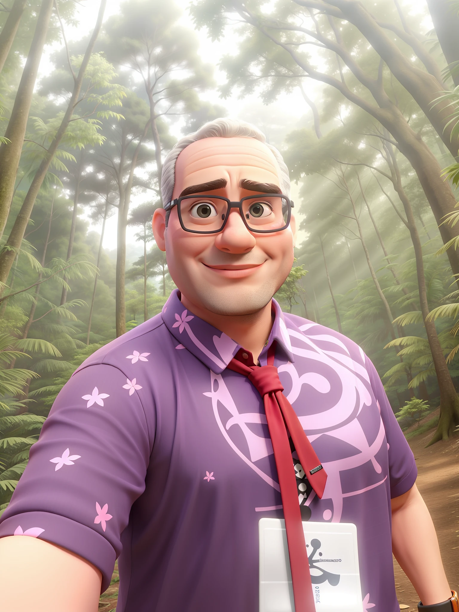 There's a man wearing a red tie and a purple shirt, em frente a um fundo de floresta, na floresta da selva !!!, na floresta da selva, in front of an amazing forest, na selva da floresta, na selva, Fotografia tirada em 2 0 2 0, imagem de perfil, zigor samaniego, no pico da floresta da selva, foto do perfil, cerca de 3 5 anos