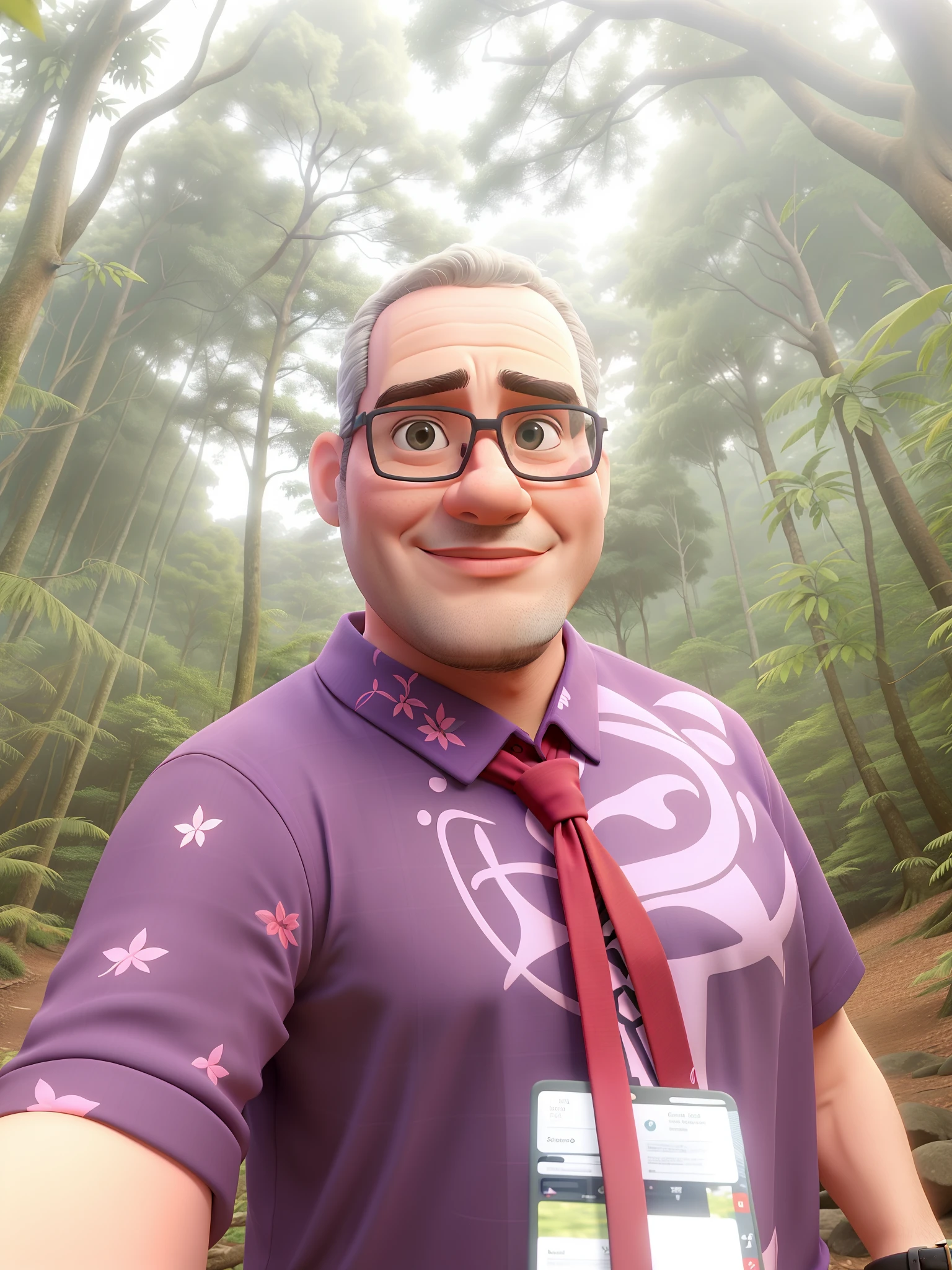 There's a man wearing a red tie and a purple shirt, em frente a um fundo de floresta, na floresta da selva !!!, na floresta da selva, in front of an amazing forest, na selva da floresta, na selva, Fotografia tirada em 2 0 2 0, imagem de perfil, zigor samaniego, no pico da floresta da selva, foto do perfil, cerca de 3 5 anos