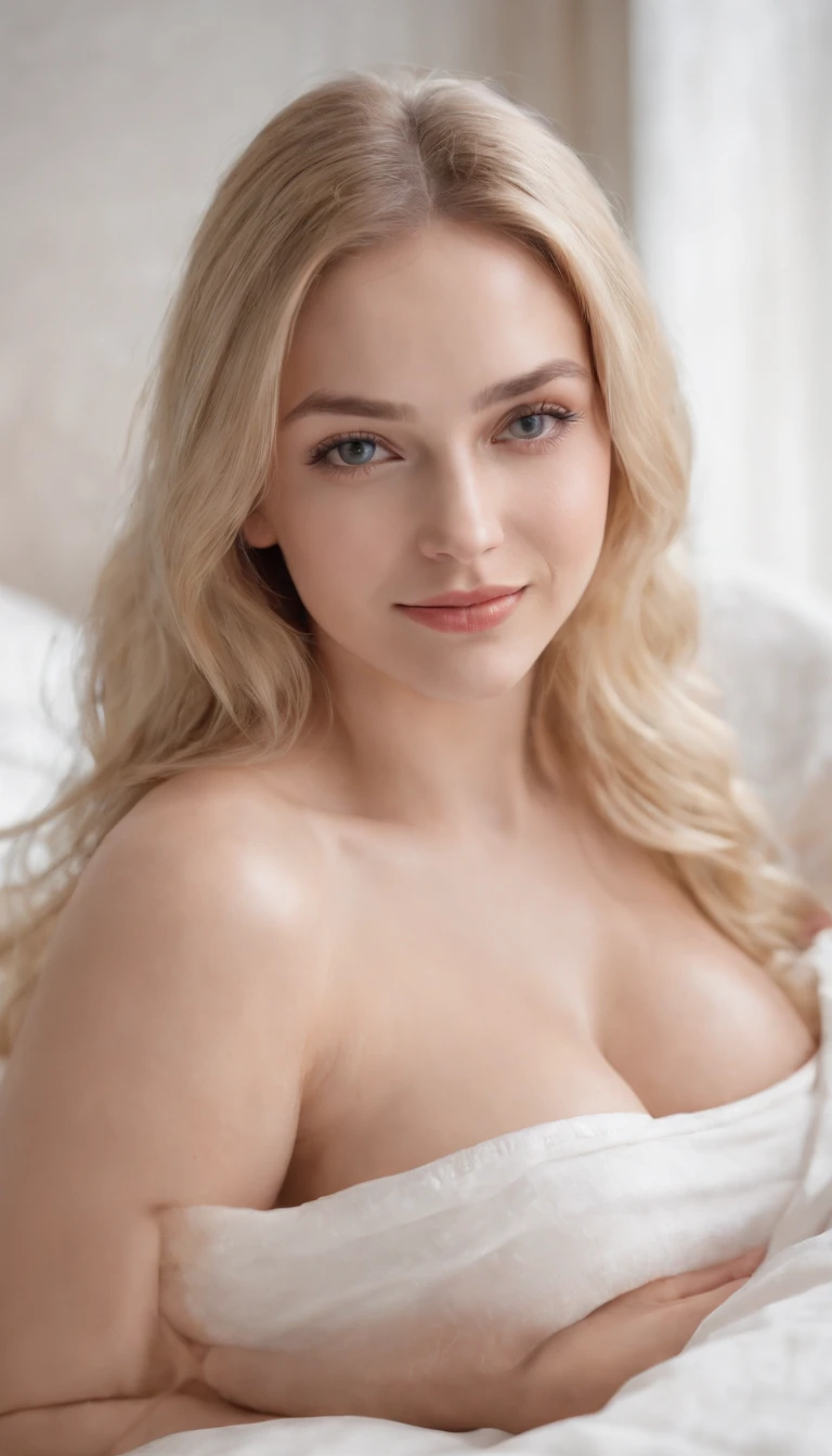 Masterpice, Photorealistic, gigantic round breasts, Blond Woman, russian girl, pale white skin, naked:1.2, full body Perfect Body, Perfect Face, Smiling, HD, Selfie,  realistic eyes, in bed, sleepy