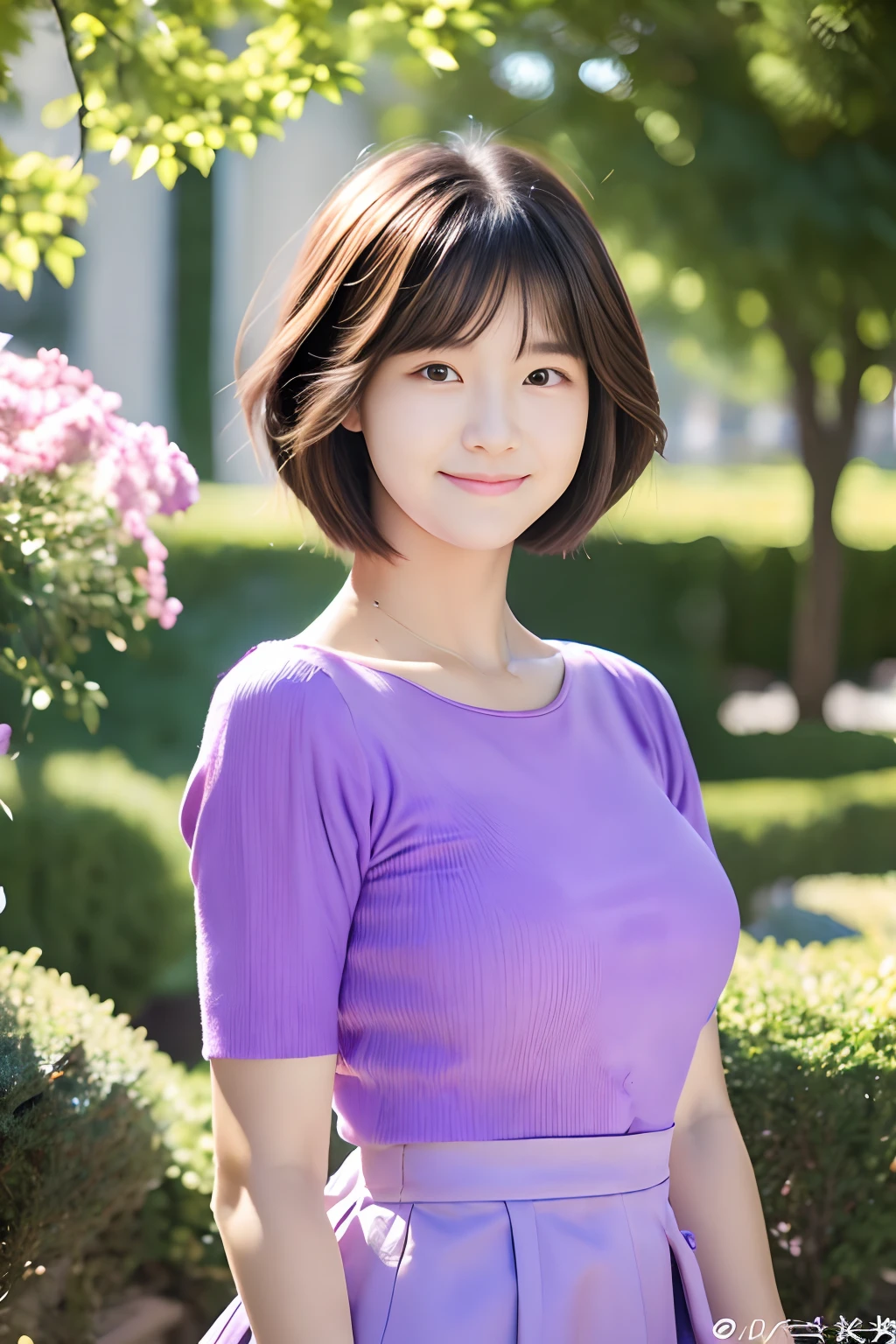 20-year-old girl, short detailed hair, There are pear swirls on the face, Pouting and smiling, Purple skirt, trpical garden, There are houses in the background.