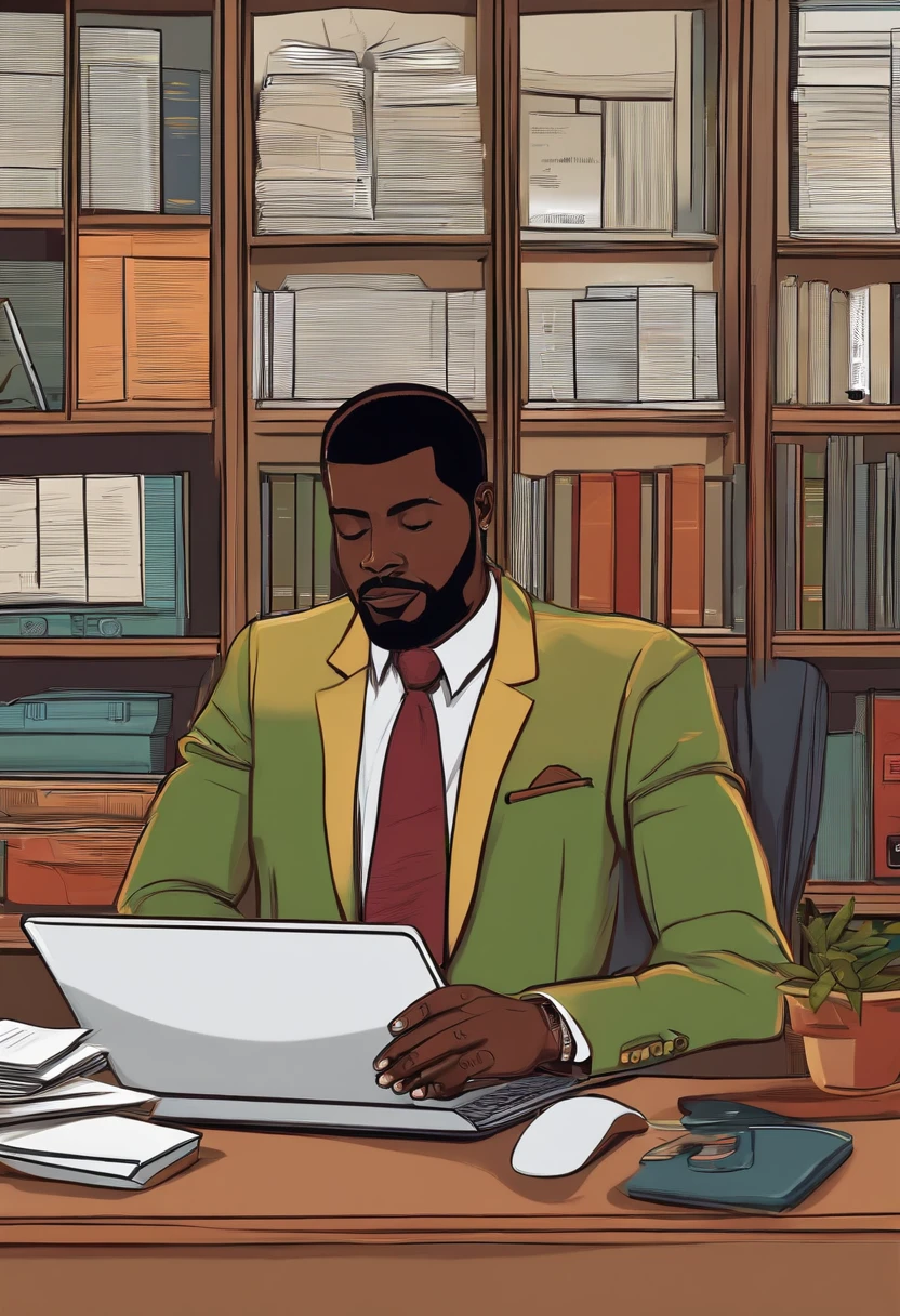 Desenho animado com um rapaz de 38 anos anos, Black man and in an office working on a laptop