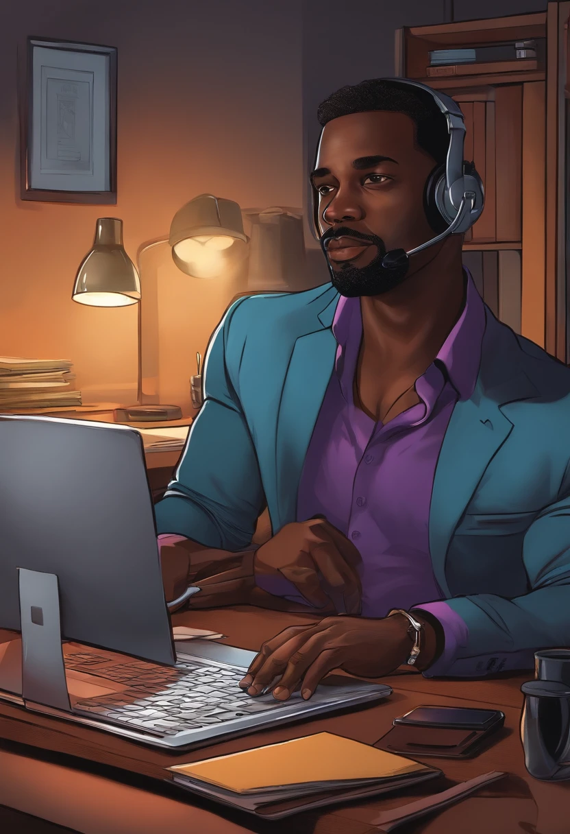 Desenho animado com um rapaz de 38 anos anos, Black man and in an office working on a laptop