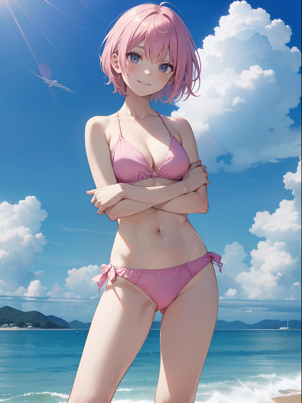 The ultra -The high-definition、high-level image quality、top-quality、Full feet and hands、complete fingers、Beautuful Women、1 persons、pinkhair、Bery short hair、ssmile、Pink swimsuit、Niō Standing、Arms crossed