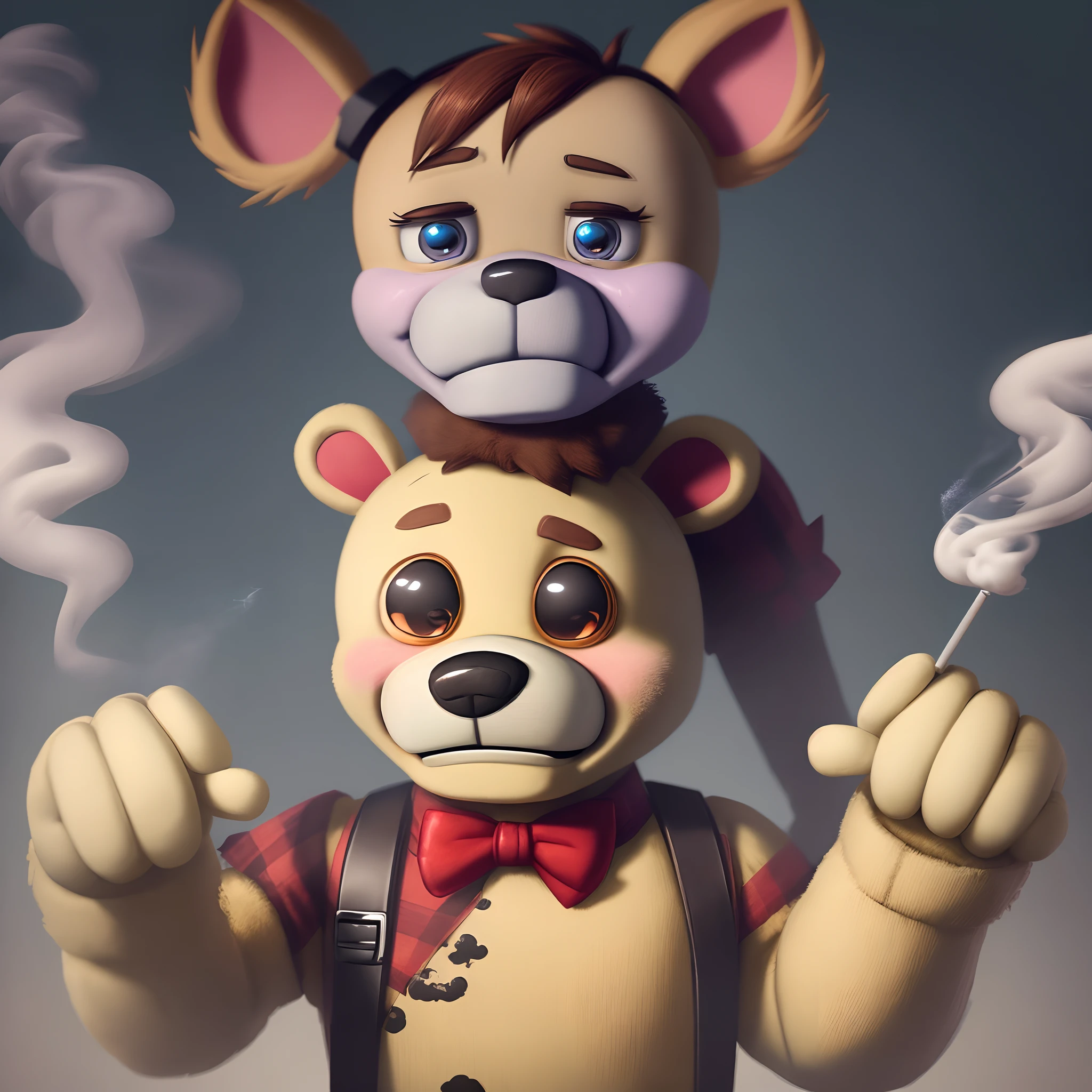 Explicit, by taran fiddler, By Dark Gem:0.8, masterpiece, Freddy, Brown fur,
Fluffy fur with attention to detail, Two boys, (Foxy), Foxy /(fnaf/), (From behind), (robot), (animatronic:1.2),(smother,sitting on Freddy's lap,Ass Focus, Huge Ass,), (One eye is covered, Eye patch), Two-tone fur, Fox, Yellow Eyes, pirate, Cute Fangs, Open your mouth, blush, View your viewers, (Freddy has his eye closed, , Grin:1.2, Girlish, (Femboy:1.2), Wide Hips, Good lighting, White Background, Simple Background , Femboy bottomheavy, Wide Hips, Thick thighs