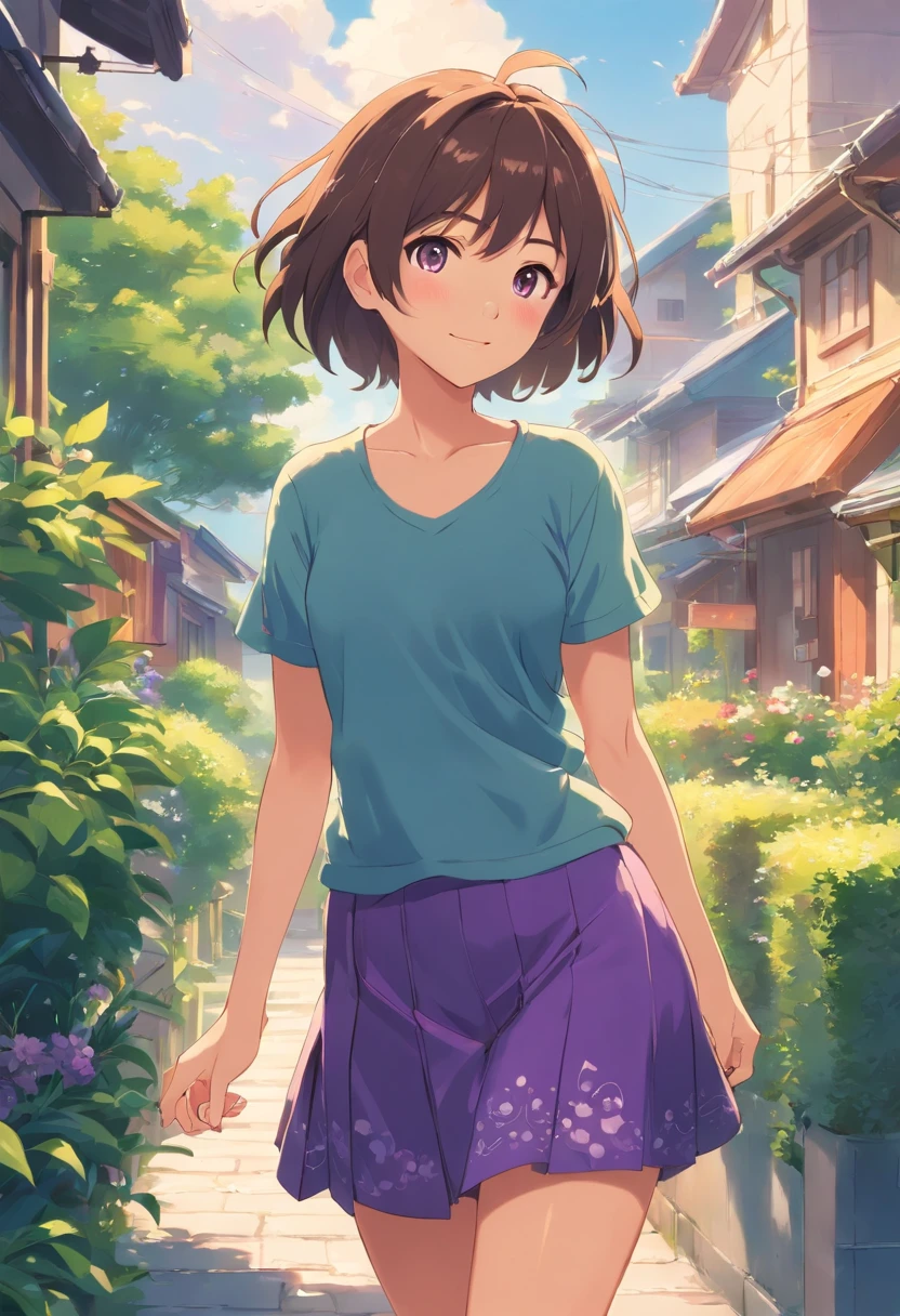 20-year-old girl, short detailed hair, There are pear swirls on the face, Pouting and smiling, Purple skirt, trpical garden, There are houses in the background.