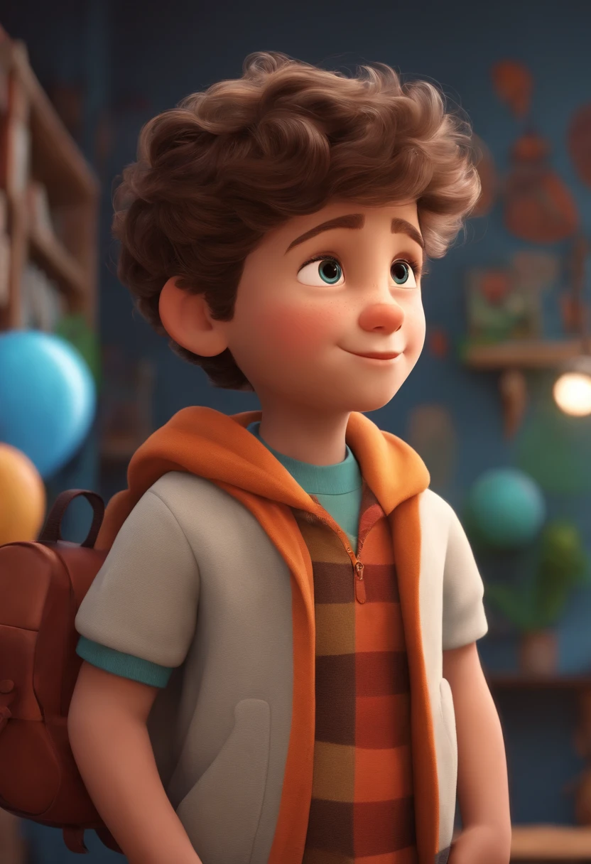 Image of a boy for a story in a YouTube video in Pixar format, He's the  allabester, He's the class leader, He's outgoing, Playful and gets up for a lot of things, cabelo curto