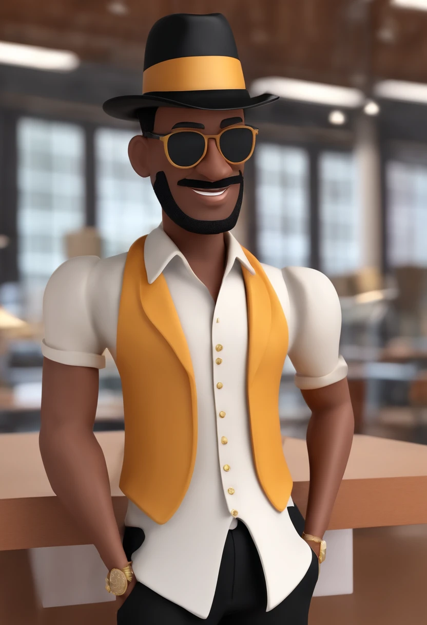Cartoon character of a man wearing black glasses and a black shirt, com chapeu preto modelo panama, com camera DSLR, loiro calvo com tons grisalhos, barba e bigode no mesmo tom, um personagem animado, Caractere estilizado, animation style rendering, 3D estilizado, 3 d render stylized, toon render keyshot, Personagem 3D, Personagem 3D, 3d rendering stylized, 3 d character render, personagem de desenho animado, Personagem de close up, Pose de personagem, (Estilo Pixar) (master part:1.2) (Bokeh) (melhor qualidade) (pele detalhada) (textura detalhada) (8k) (argila) (Cinematic lighting) (foco nítido，Senta e vaza a parte superior do corpo