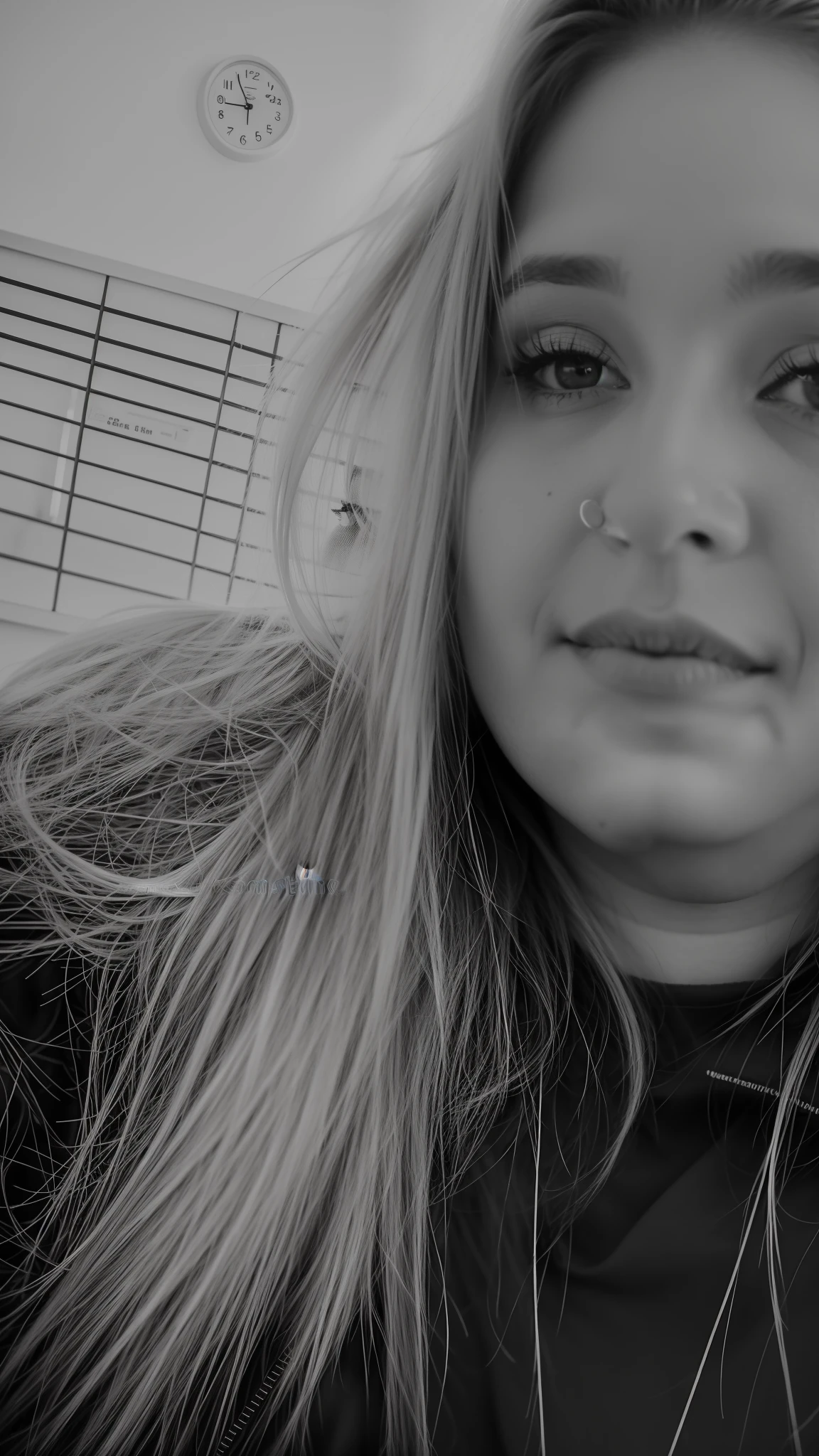 there is a blonde nurse woman who is posing for a photo in black and white, imagem em preto e Branco, dessaturados!!, B&w foto, foto preto e Branco, uma foto em preto e Branco, em preto e Branco, dessaturados!, taken on a 2010s camera, grainy monochrome photo, looking to the side off camera