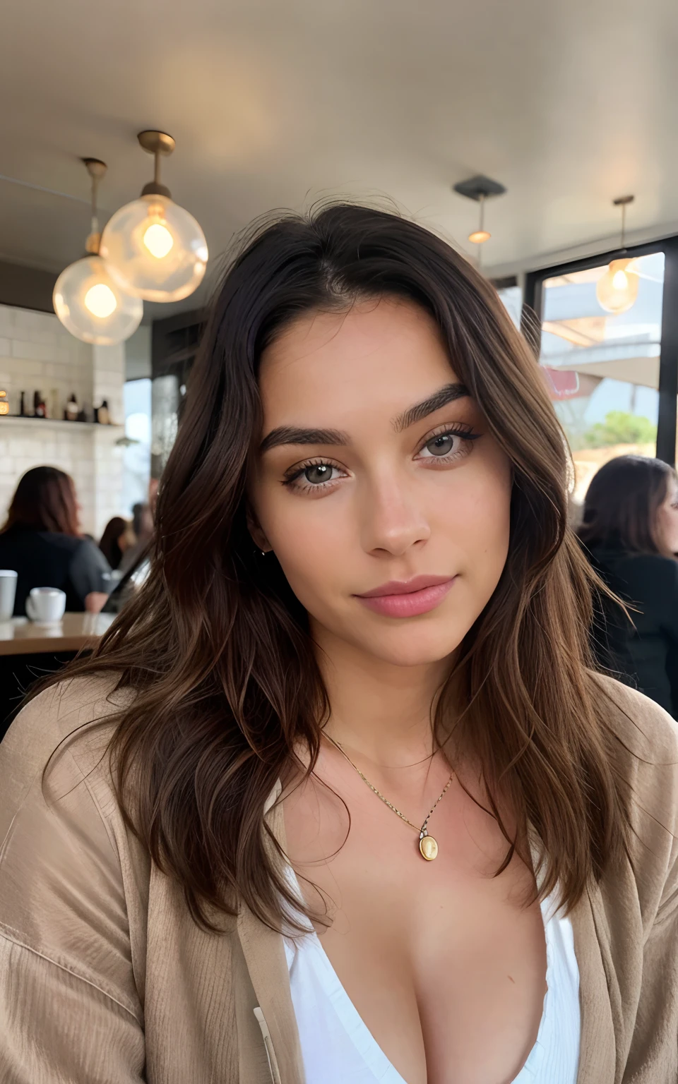 Pretty beautiful brunette with a cute top (Drinking coffee in a modern cafe at sunset), very detailed, 20 ans, visage innocent, naturally wavy hair, Brown eyes, high resolution, head of&#39;ouvrages d&#39;art, best quality, intricate details, very detailed, acuity, detailed skin, realistice Hauttextur, texture, detailed eyes, professionnel, 4K, charming smile, prise avec Canon, 85 millimeters, Slight depth of field, Kodak Vision Color, corps parfaitement ajusté, extremely detailed, photo_\(ultra\), fotorealistic, realistic, Post-traitement, maximum details, roughness, real life, ultrarealistic, photoRealism, Photography, 8k uh, Photography