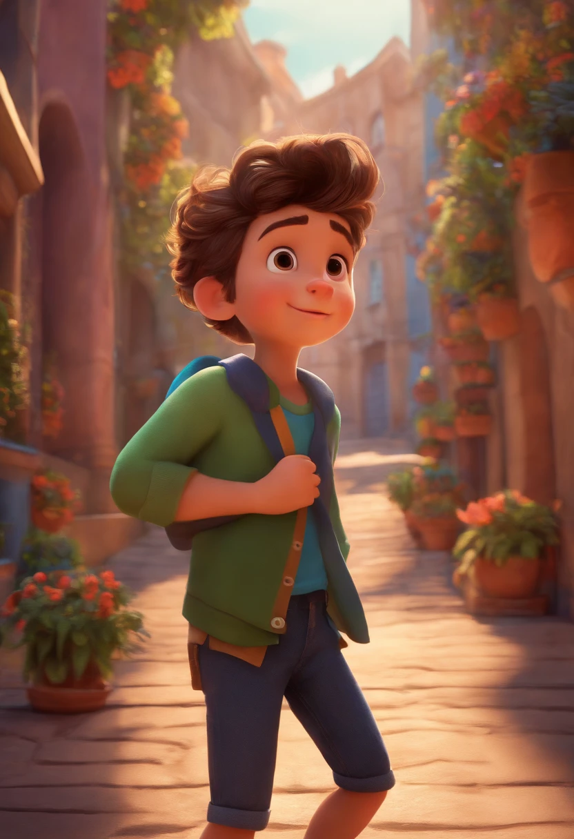 Image of a boy for a story in a YouTube video in Pixar format, He's the allabester, He's the class leader, He's outgoing, Playful and gets up for a lot of things, cabelo curto