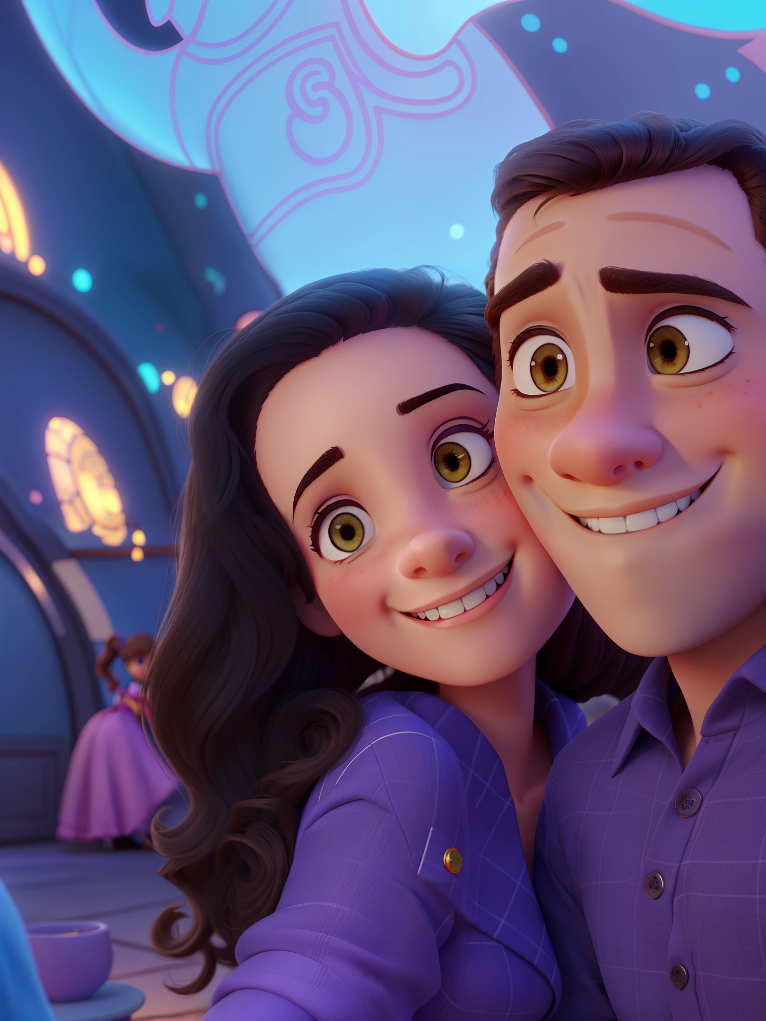 romantic couple, igual aos filmes Disney Pixar, jovens, felizes, muito realista, homem com pele morena e olhos castanhos, mulher branca com olhos cor de mel