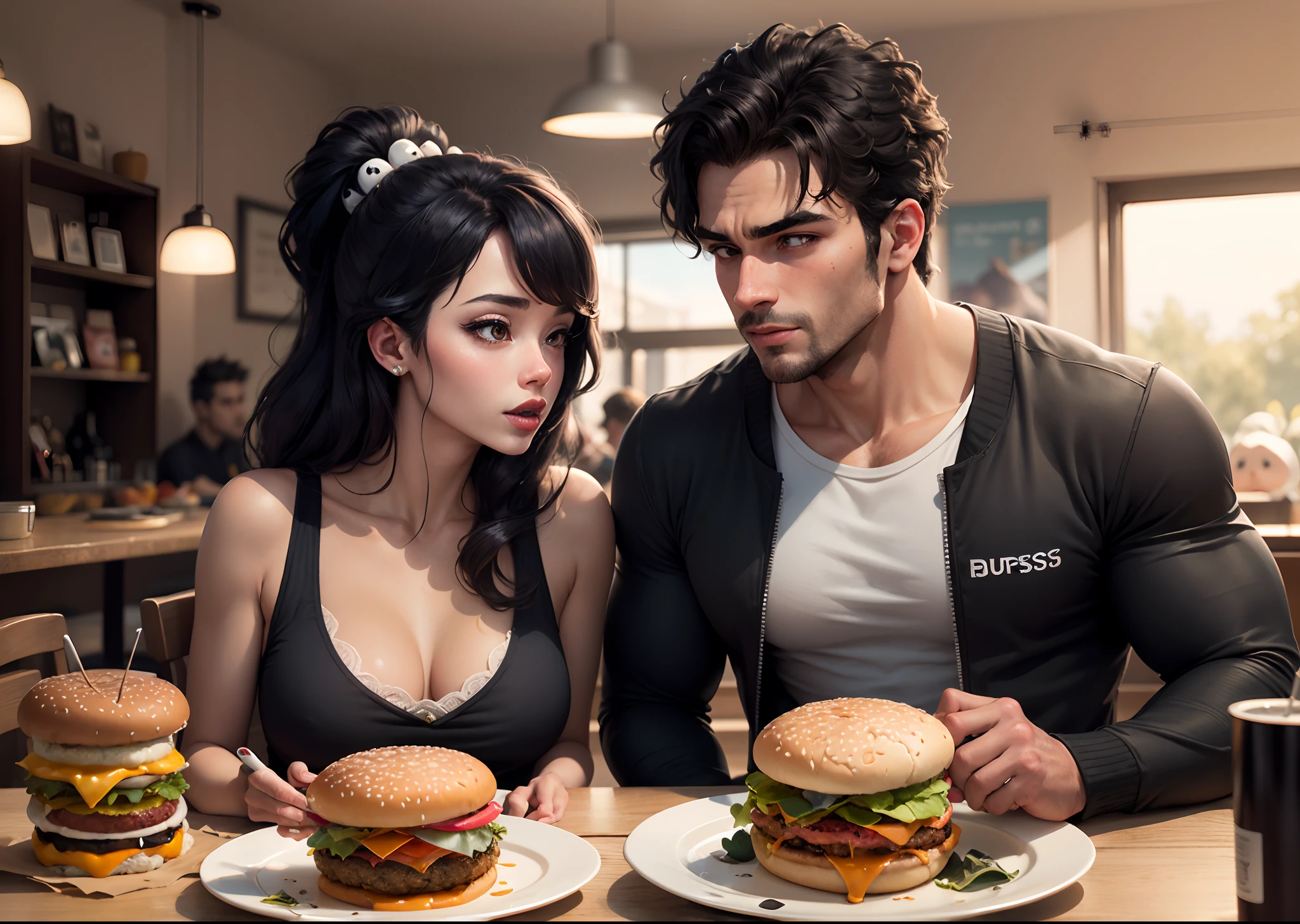 Imagem disney pixar
Casal em uma hamburgueria
Homem baixo e gordinho com bone preto e avental preto. Barba castanha
Mulher japonesa com roupa preta e avental preto. Bone preto segurando um hamburguer
Escrito vm burguers