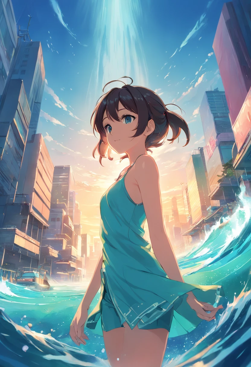（tmasterpiece、top-quality、8k wallpaper、A high resolution、realisticlying），Big breasts Hatsune Miku，Beautiful breast leakage，flooded with water，Get wet，shirtless，the setting sun，the ocean