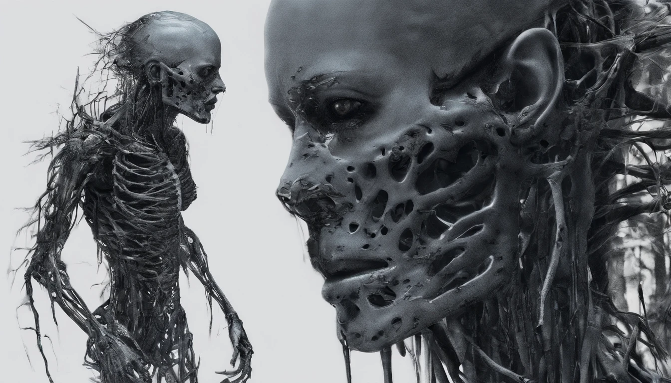 zombified cyborg mutant humanoid terrifying creature, Perfect centralization, coelho (franco)de Donnie, Standing position, beleza abstrata, Centrado, looking at the camera, Facing the camera, nearing perfection, triste, desespero, corpo inteiro, hands on her head, Dynamic, altamente detalhado, liso, foco nítido, 8k, high-definition resolution, illustration, arte de Carne Griffiths e Wadim Kashin, fundo branco
