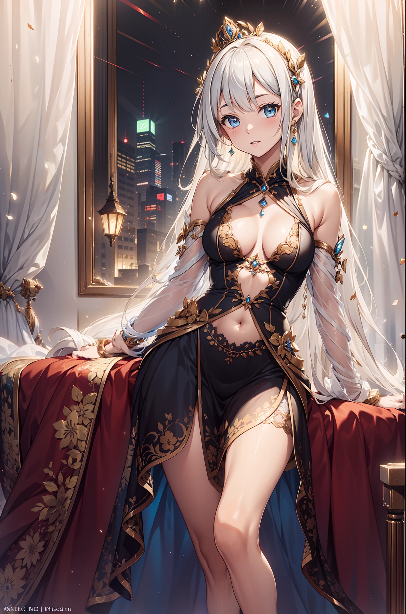 {{{{tmasterpiece}}}}, {{{ultra - detailed}}}, {{{High- sharpness}}}, {{Good anatomy}}, (((best qualtiy))), ((Very fine and beautiful)), {{Very detailed and refined}}, {8k CG wallpaper}, {{illustratio}}, (A princess dress dominated by white:1.2),blond hairbl,eBlue eyes,Maximalism,Ruffles,Transparent lace,delicate accessories,Delicate pattern,exquisite costumes,Princess Crown,see-through transparent clothes,A small number of dark blue-white patterns,Beautiful detailed face,Bedroom scene in Western mythology,the night,Movie lighting,the night,solo person,(Flowing skirt:1.1),Seductive pose