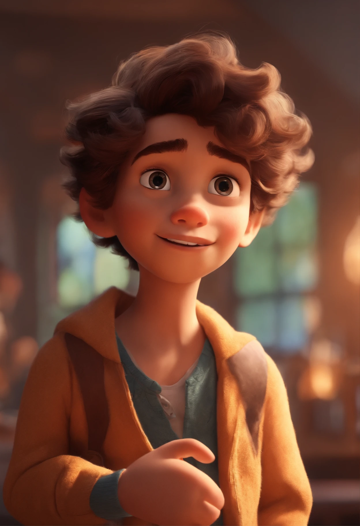 Image of a boy for a story in a YouTube video in Pixar format, He's the little allabester, He's the class leader, He's outgoing, Playful and gets up for a lot of things, cabelo curto