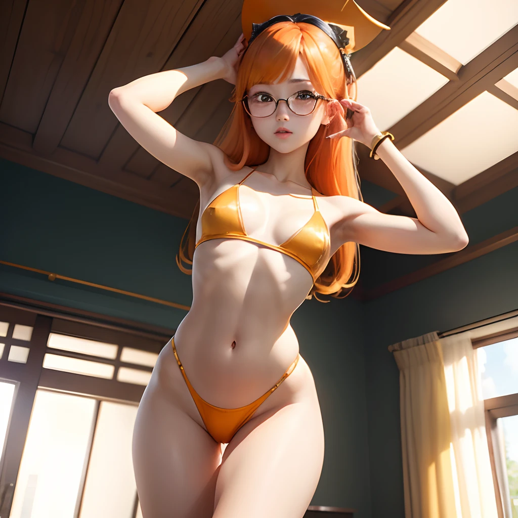 Orange hair、hime-cut、Golden Eyes、eye glasses、 sister、flat chest、Thin pubic hair、Beautiful open legs、pole dance