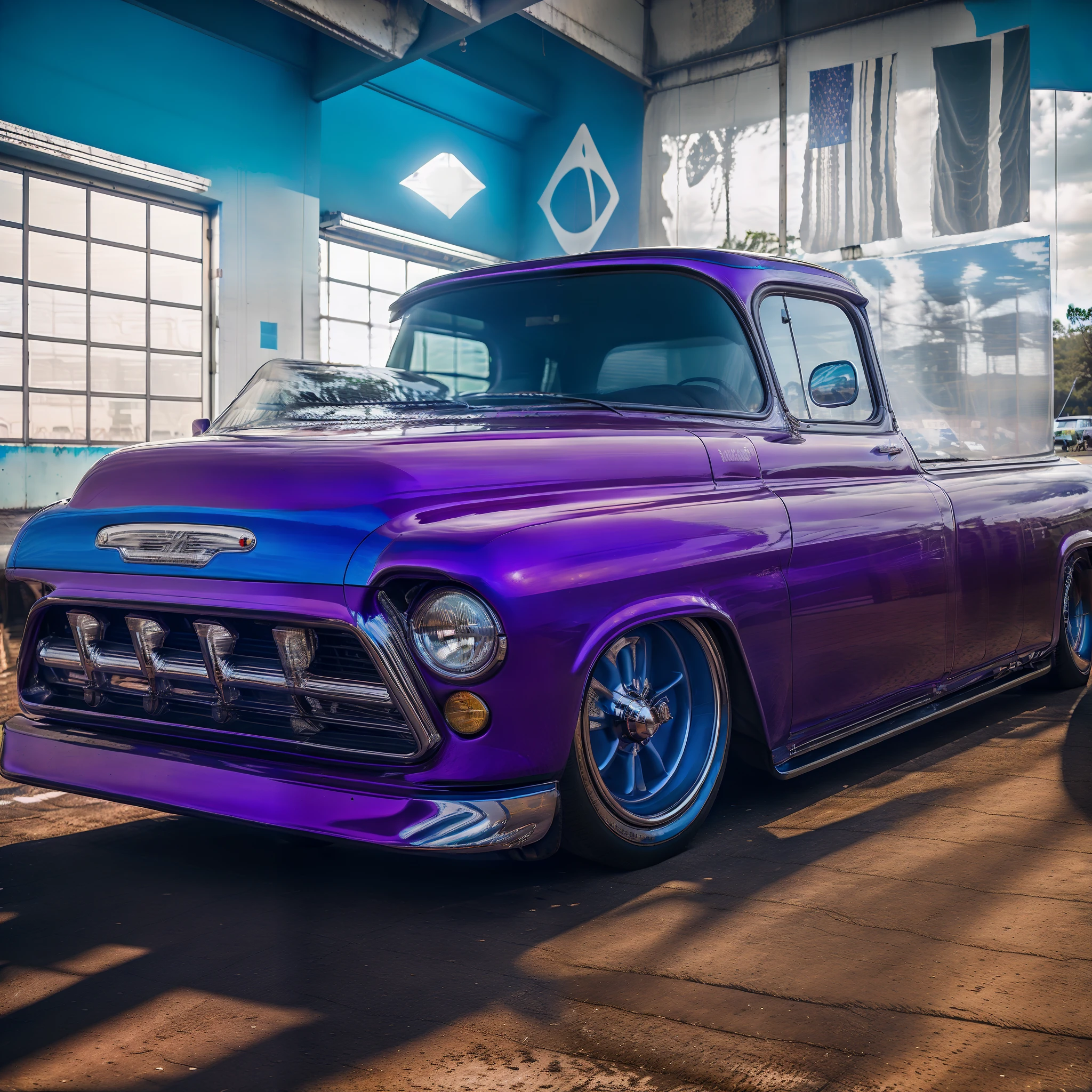 Purple and blue truck ,Eduardo kobra ,Van gog ,Romero Brito ,on back, Corpo largo, KodakChrome : : 8 mil, insanamente detalhado c 10.0, estilo lowrider, vibrante - c 10, trabalho de pintura realista, chama roxa baixa, trabalhos de pintura profissional, KodakChrome, classic chrome, papel de parede de alta qualidade, Muscle Cars, Lowriders, fundo do papel de parede ,512k e 4D arte realista