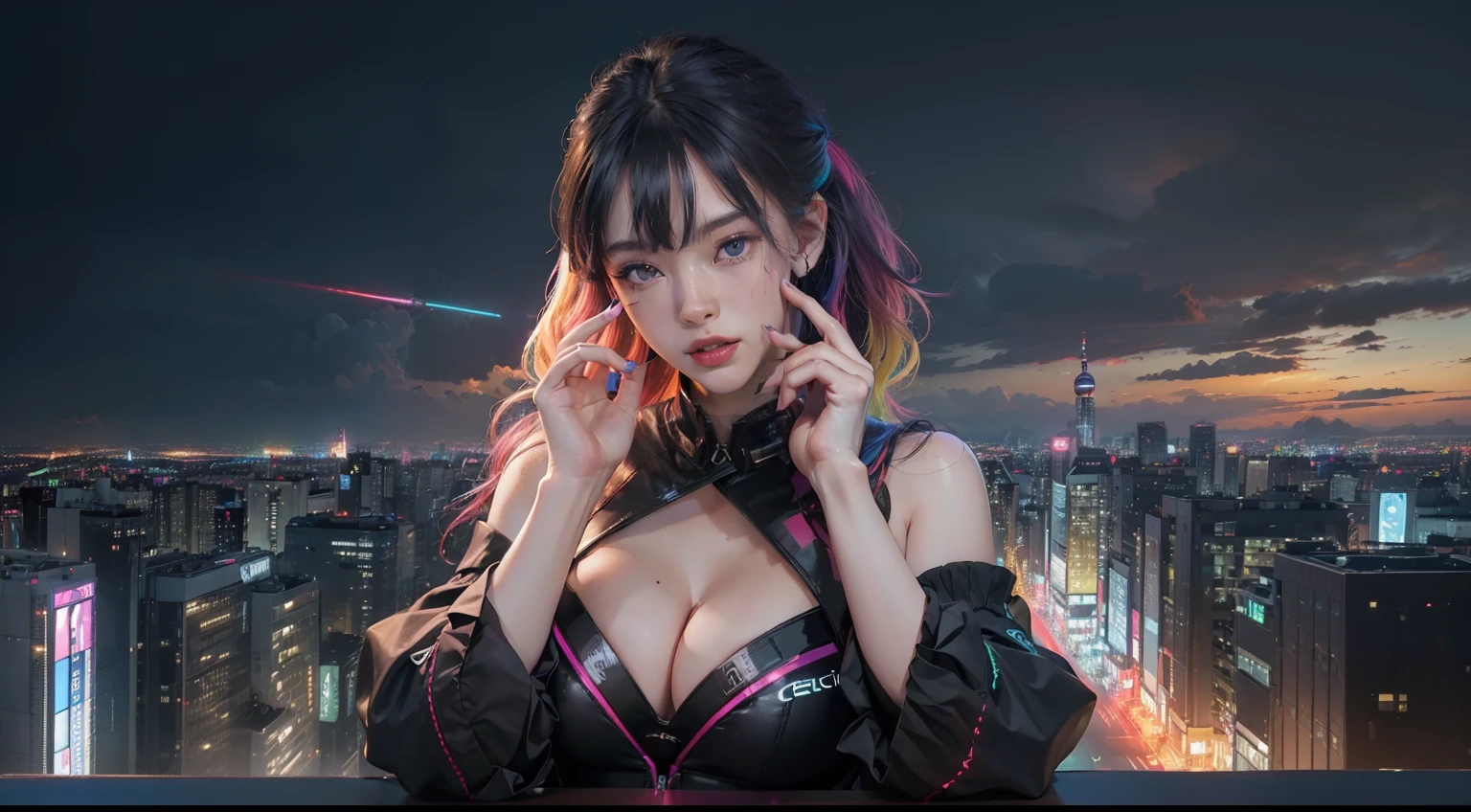 (realisitic,Photorealsitic:1.4),(1 beauty:1.3),(beautiful countenance:1.5),Detailed shiny skin,A detailed eye,Precise hands and fingers,8K HDR, , ​masterpiece, (Dynamic Angle Video),电影灯光, Finely drawn backgrounds,accurate fingers,(Cumulonimbus sky,Tokyo in the middle of summer,colorful neon,Multicolored lighting,Sci-fi cityscape,Skyscrapers:1.3),Beautiful black people,Black and purple summer clothes,３Colored hair,Complex hairstyle,Small breasts and slender body,Throwing large loads