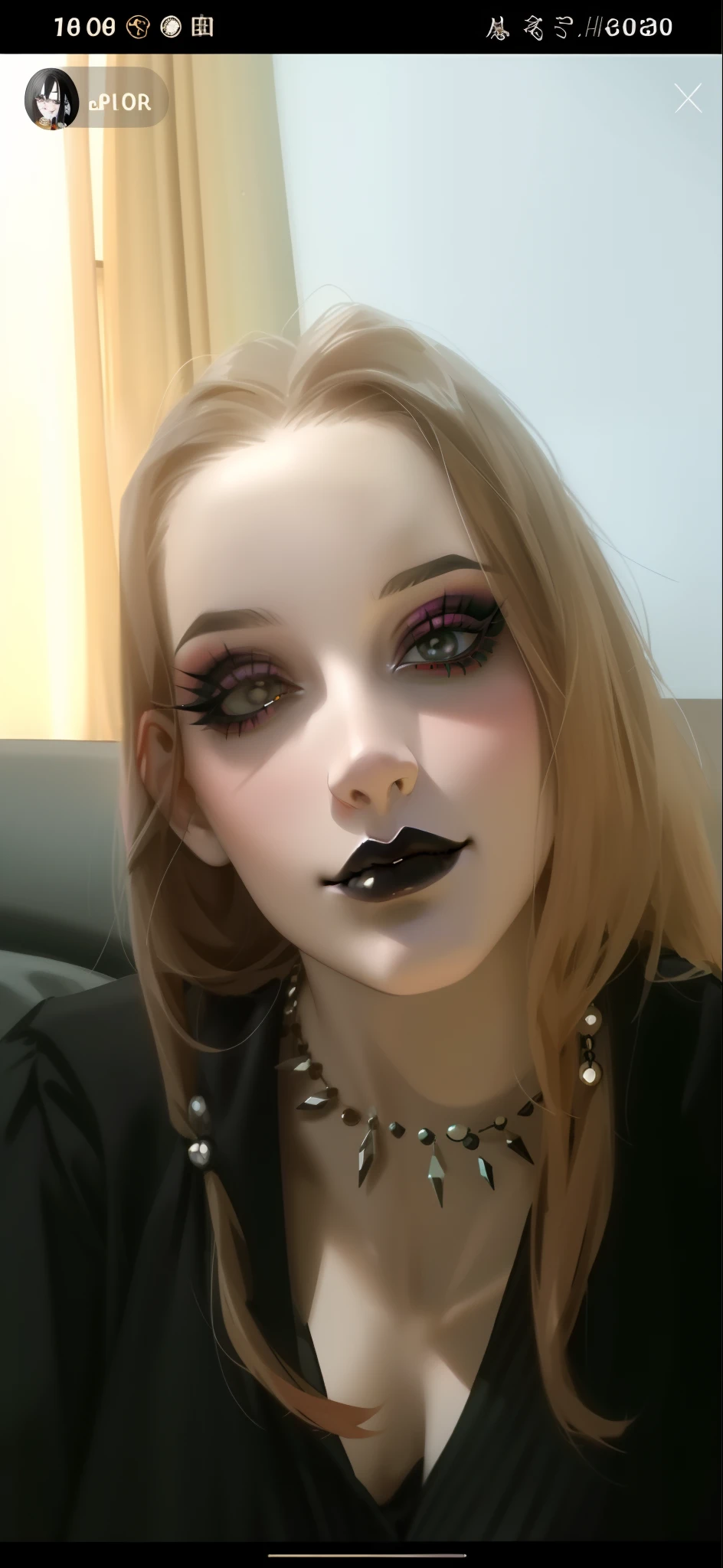 um close up de uma mulher com uma camisa preta e um colar, 1 7 -  - old h girl, wearing goth makeup, maquiagem escura em seu rosto, olhar assustador, goth makeup, pale goth beauty, com olhos esclerais pretos, goth girl, maquiagem escura, gothic horror vibes, gothic face, goth makeup, maquiagem pesada