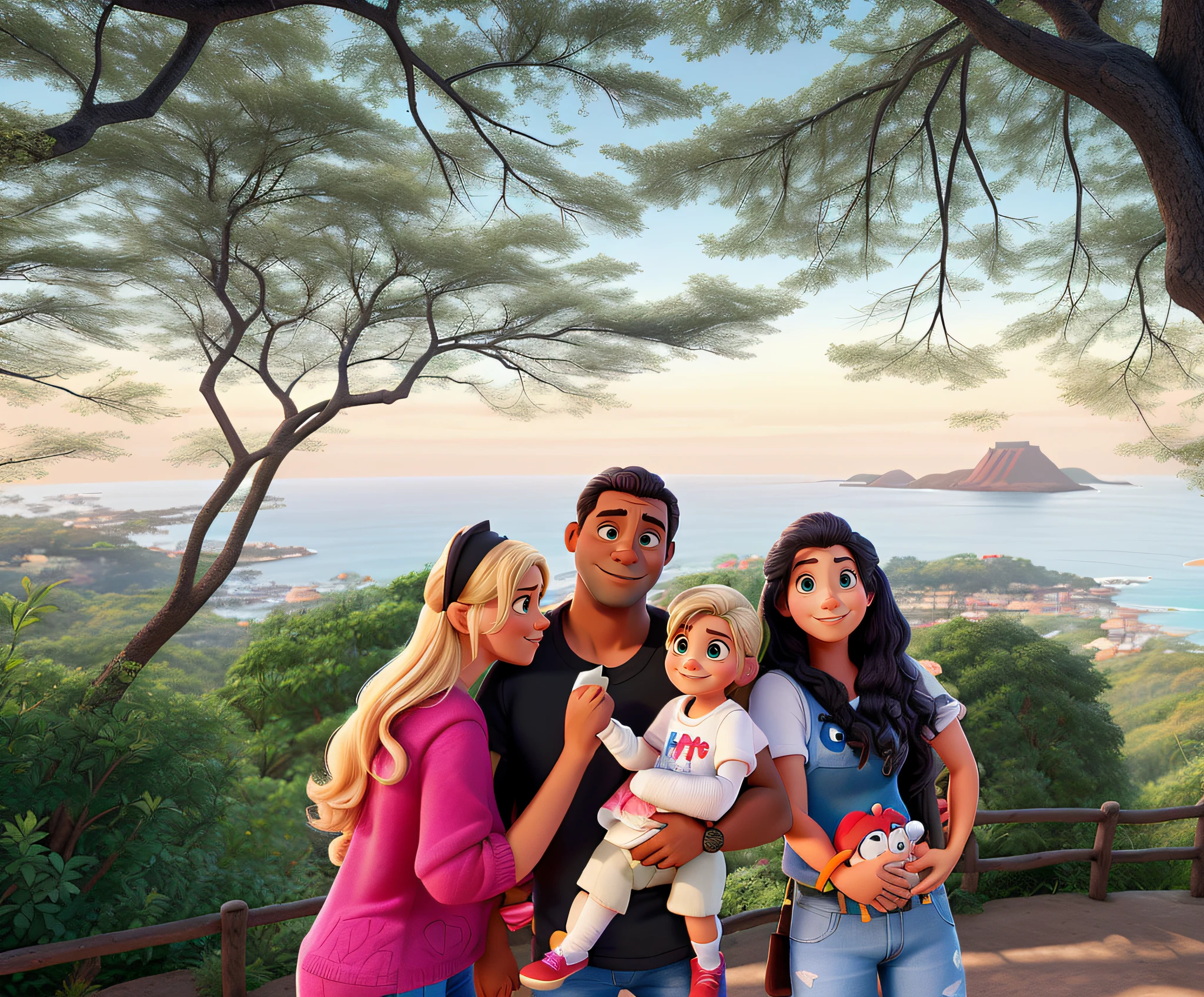 Estilo Disney, Pixar Style Poster, Family of four, em um mirante com vista para a praia e as montanhas ao longe.