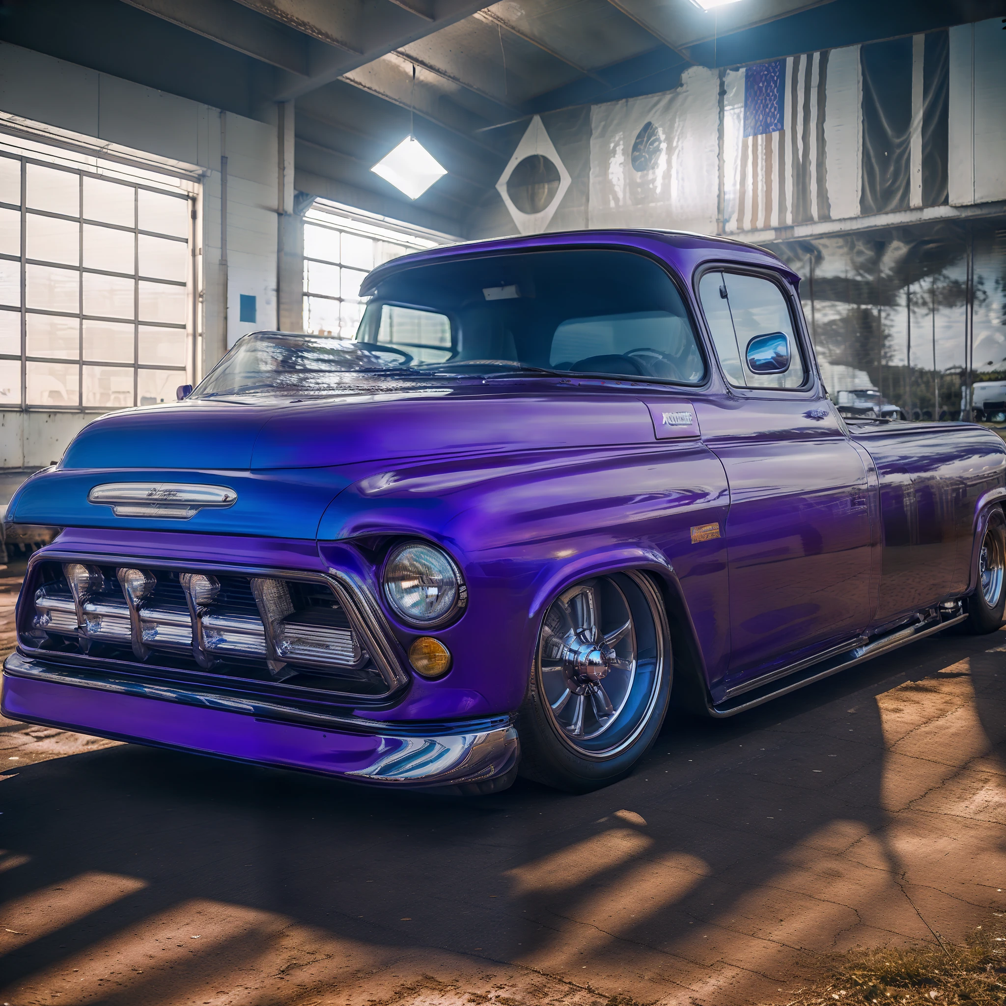 Purple and blue truck ,Eduardo kobra ,Van gog ,Romero Brito ,on back, Corpo largo, KodakChrome : : 8 mil, insanamente detalhado c 10.0, estilo lowrider, vibrante - c 10, trabalho de pintura realista, chama roxa baixa, trabalhos de pintura profissional, KodakChrome, classic chrome, papel de parede de alta qualidade, Muscle Cars, Lowriders, fundo do papel de parede ,512k e 4D arte realista