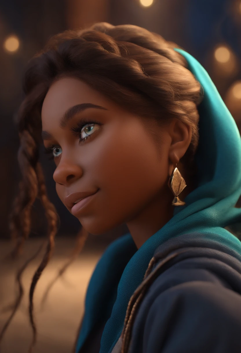 Pixar style image with 3D character mulatto woman medium straight hair, Maquiagem Disney,Pescador, bonitinho, sorridente ,Close-up, Pixar, Disney, Cinema lighting, Engenheira civil, construction