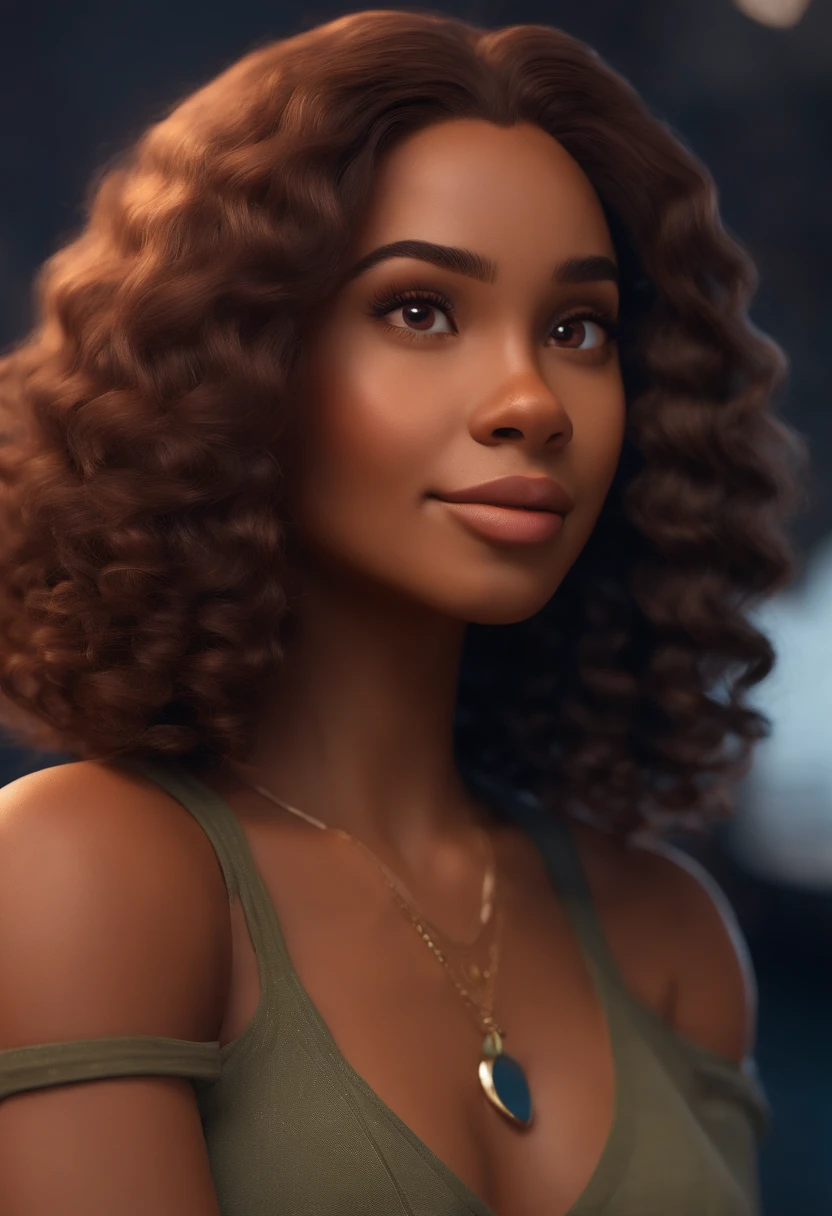Pixar style image with 3D character mulatto woman medium straight hair, Maquiagem Disney,Pescador, bonitinho, sorridente ,Close-up, Pixar, Disney, Cinema lighting, Engenheira civil, construction