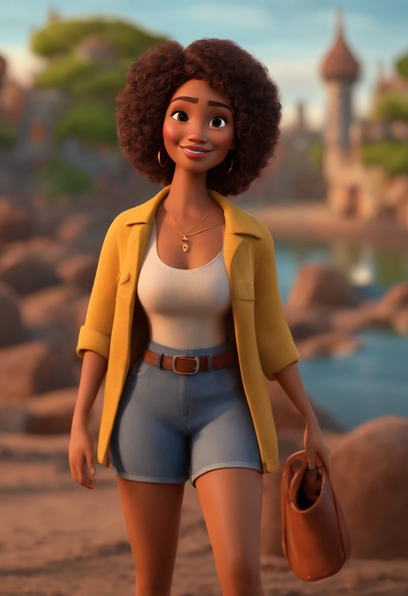 Pixar style image with 3D character mulatto woman medium straight hair, Maquiagem Disney,Pescador, bonitinho, sorridente ,Close-up, Pixar, Disney, Cinema lighting, Engenheira civil, construction