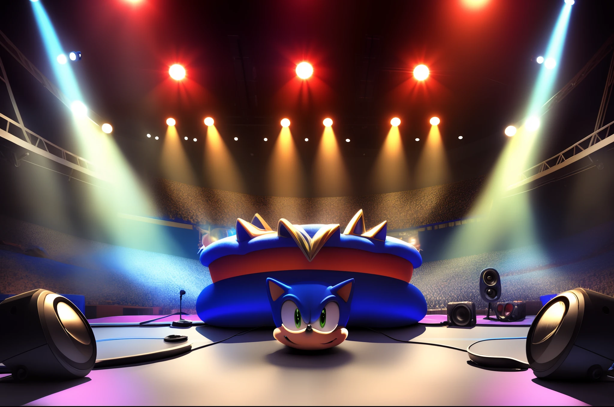 BaseSonic (Sonic The Hedgehog) singing on a microphone, in a rock band stage, front view, low angle view, looking at viewer, giant speakers, stage, lights, detailed background,