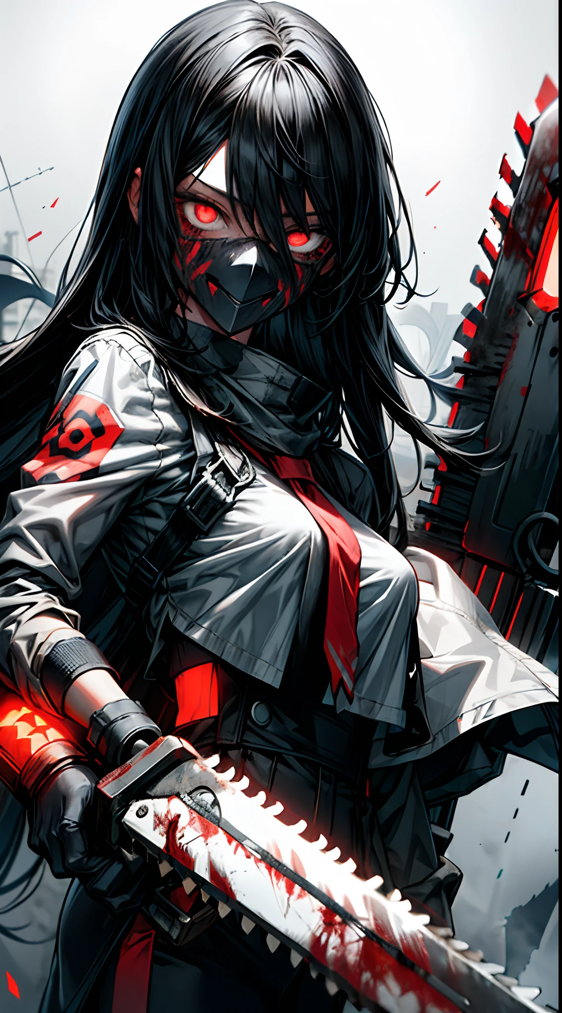 1girl, solo, long_hair, looking_at_viewer, smile, glowing_eyes, holding chainsaw, dystopian city horror background, upper_body, black_hair, blood, mask, glowing, glowing_eyes , holding chainsaw, texas chainsaw girl, horror scane,