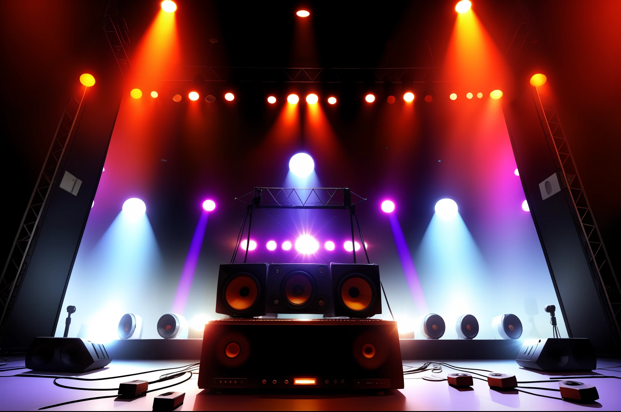 a rock band stage, front view, low angle view, looking at viewer, giant speakers, stage, lights, detailed background, tv