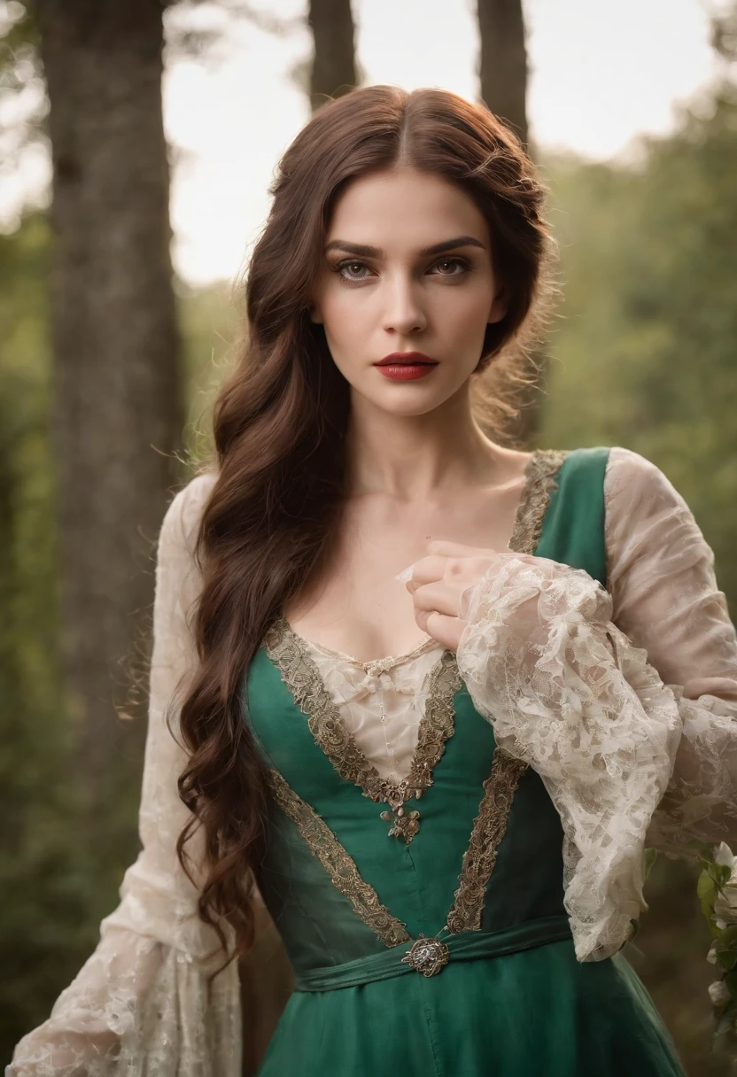 tez justa, mulher vampira voluptuosa em torno de 19 anos de idade, body curvy, cabelos brancos naturais, olhos verdes distintos, vestindo kohl, slender and graceful, Beautiful, luz de velas em um ambiente medieval, Ultra sharp focus, tiro realista, roupas femininas medievais, cores tetradicas (cicatriz:1.4)