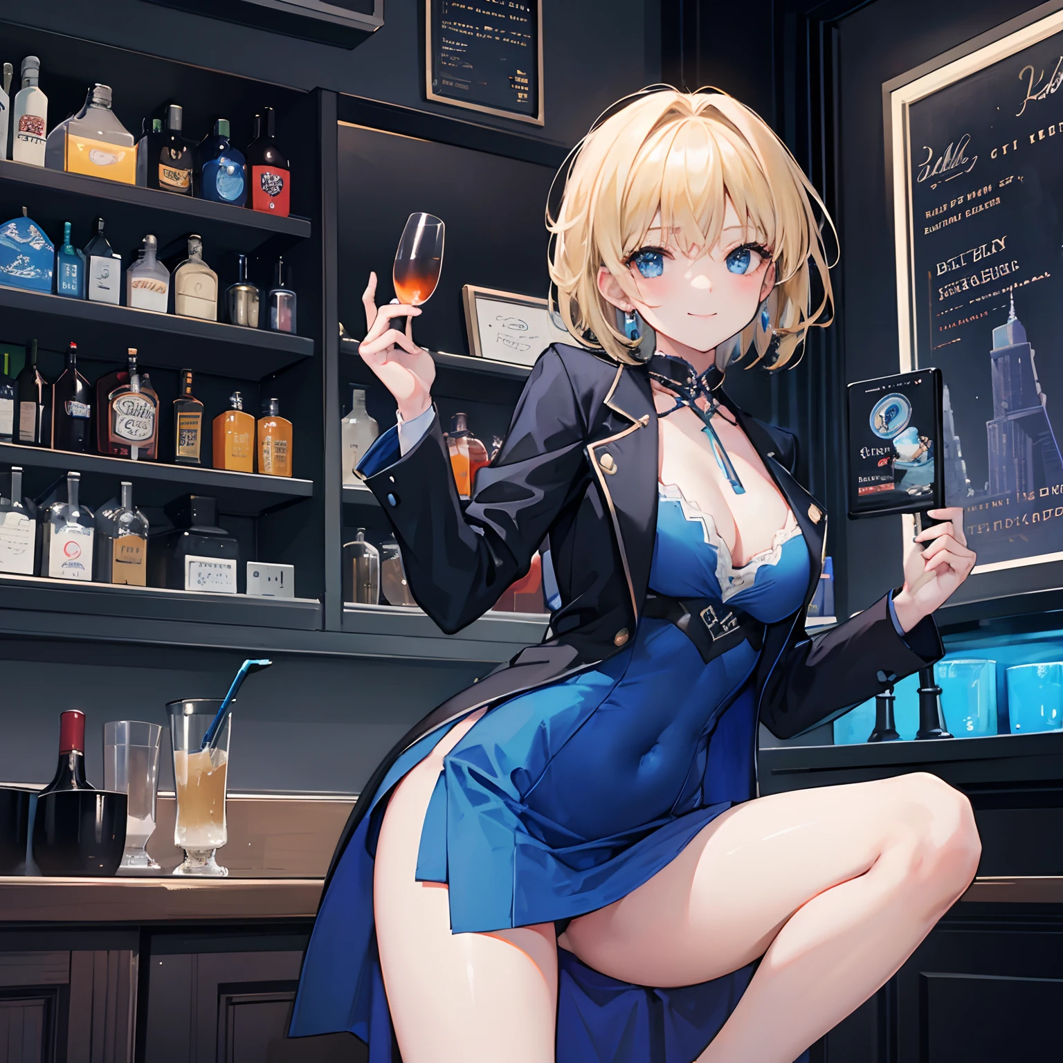 Masterpiece, 1 girl, smiling, blue dress, black jacket, chillerism, short blonde hair, New York bar