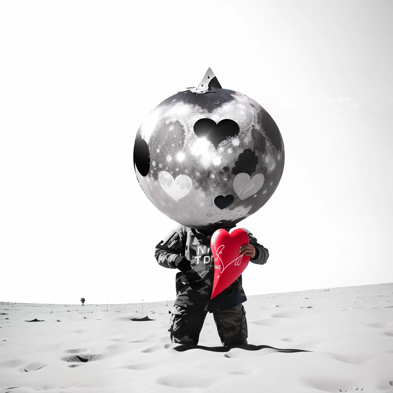 Close-up of a man in a camouflage print shirt holding a heart, on the surface of the moon,The background is space
