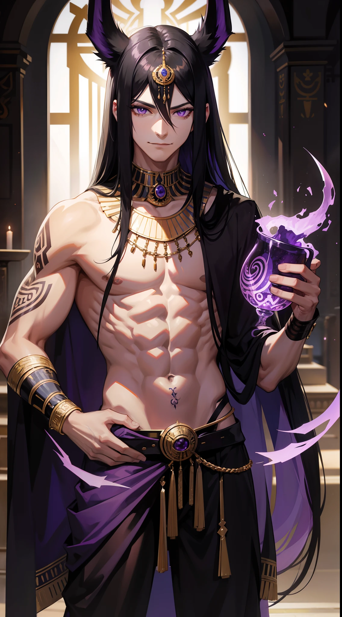 Young guy, Long black hair, purple strands, violet eyes, smirk, tattoo, pharaoh, Egyptian Prince, Anubis, open torso, musculature, Masterpiece, hiquality, 4k, HD, Good detail