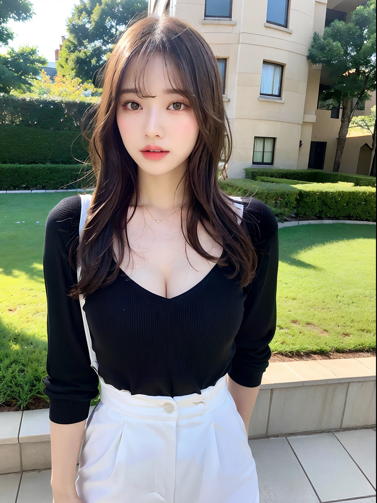 (1 Korean star with royal sister style), ((Best quality, 8K, 巨作: 1.3)), focal point: 1.2, Perfect body proportions: 1.4, (Make a smile), (Sunset: 1.3), Watery eyes, highly detailed face and skin textures, Fine eyes, Double eyelids, Whitens the skin, (length hair, Air bangs: 1.3), (Round face inches: 1.5), (An off-the-shoulder dress that looks good in summer: 1.4), (Blue Sky 1:3。 )(In the endless countryside 1:2),Take photos from medium and long distances while sitting。 (Wearing black sunglasses)