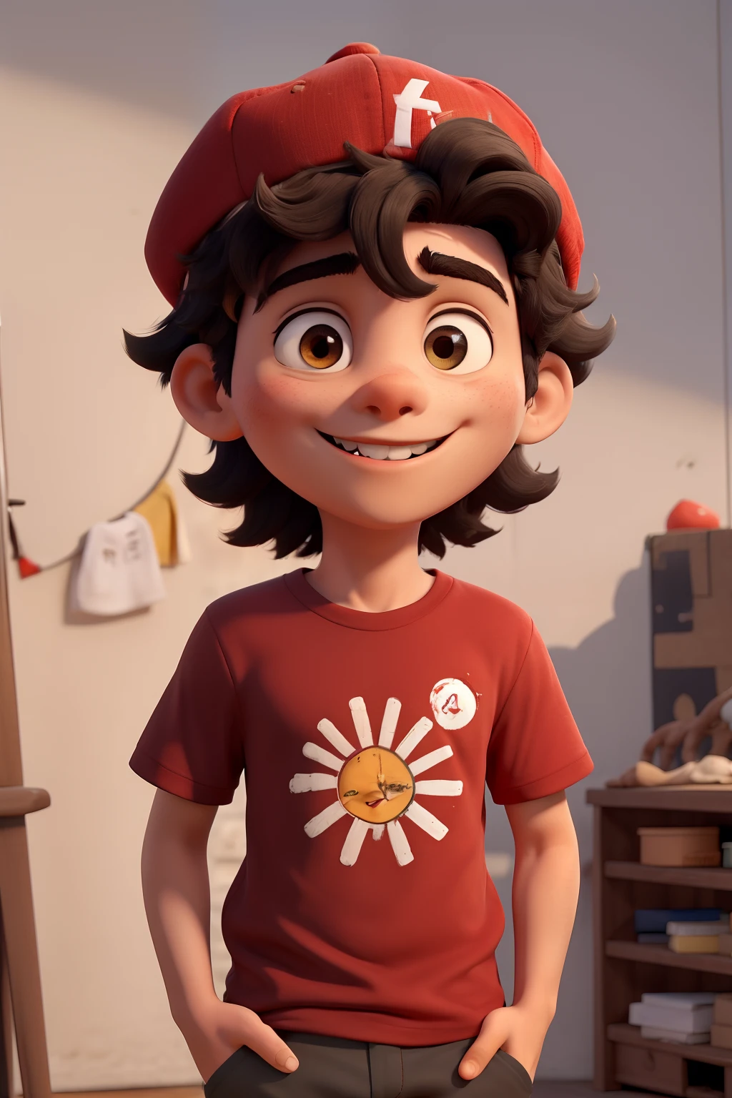 obra-prima, de melhor qualidade, um menino de doze anos, Messy black hair and red cap, vestindo blusa vermelha com o desenho de um raio amarelo na frente, smiling and looking at the camera