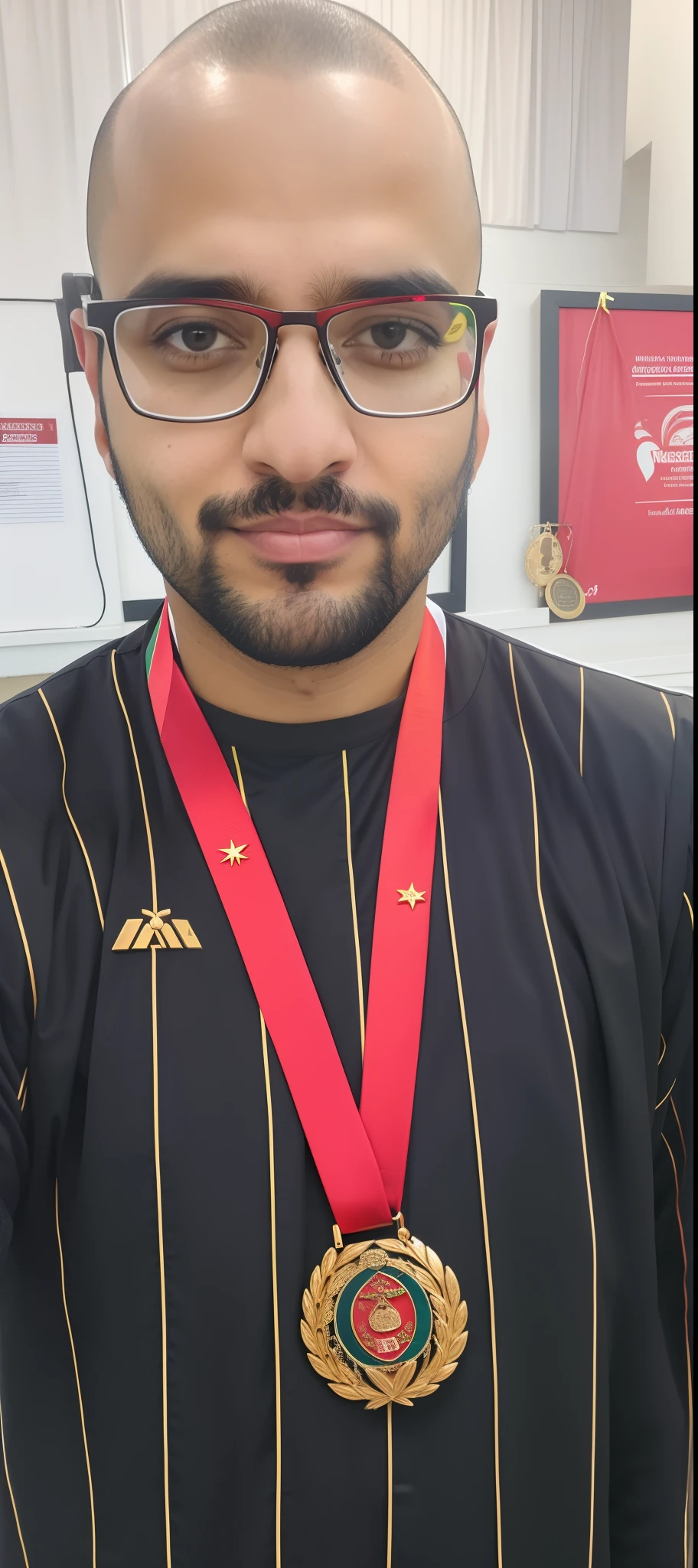 Man with a medal and glasses standing in a room, imagem de qualidade muito baixa, Mohamed Reda, wearing many medallions, selfie de um homem, Mohamed Chahin, medalha, com uma barba pequena, competition winning, Fotografia selfie 8k, Alex, restolho leve com camisa vermelha, andres rios, Ahmad Merheb, david rios ferreira