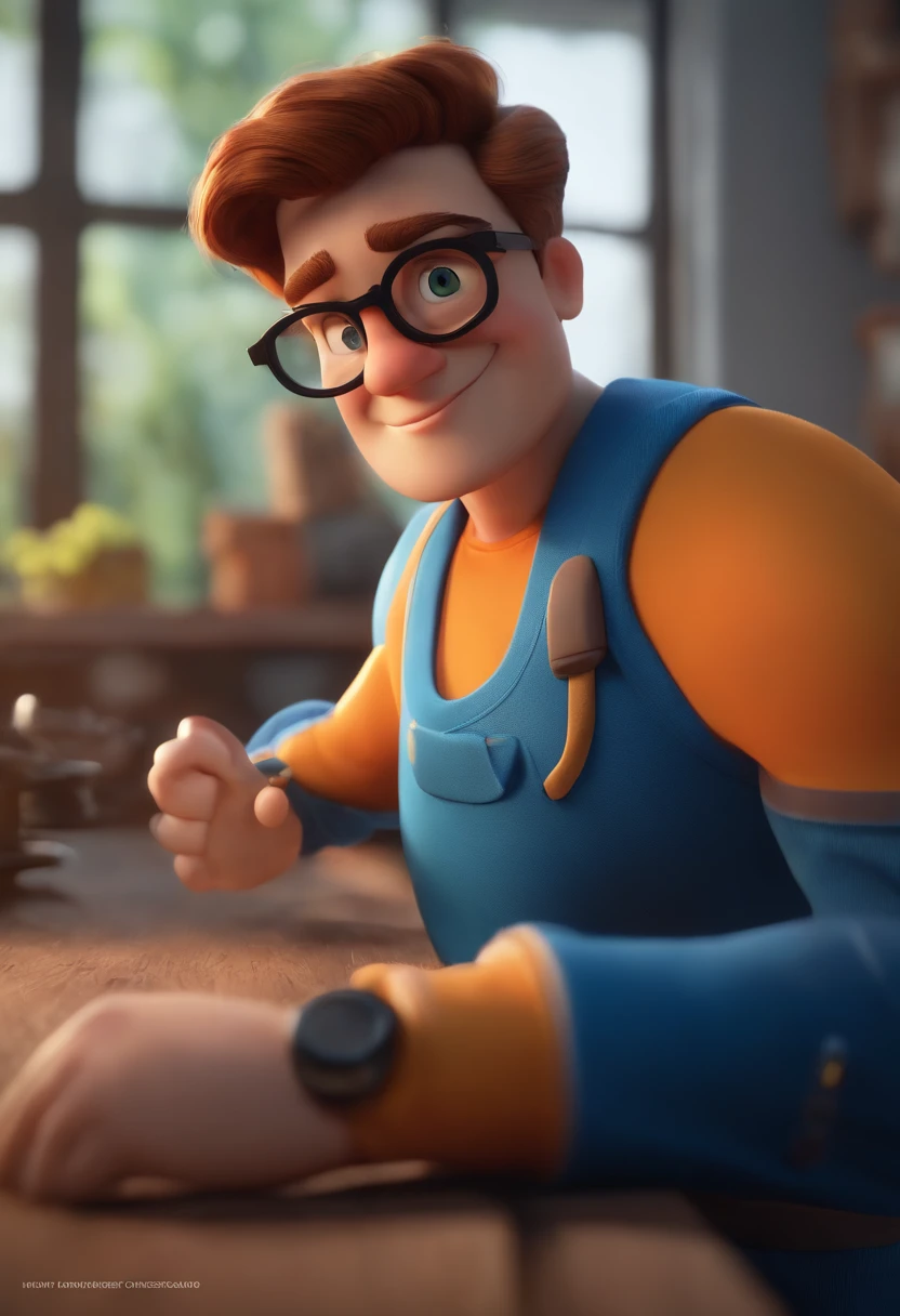 Cartoon character of a man wearing black glasses and a blue shirt, um personagem animado, Caractere estilizado, animation style rendering, 3D estilizado, Arnold Maya render, 3 d render stylized, toon render keyshot, Personagem 3D, Personagem 3D, 3d rendering stylized, 3 d character render, personagem de desenho animado, Personagem de close up, Pose de personagem, (Estilo Pixar) (master part:1.2) (Bokeh) (best quality) (pele detalhada) (textura detalhada) (8k) (argila) (Cinematic lighting) (foco nítido，Senta e vaza a parte superior do corpo