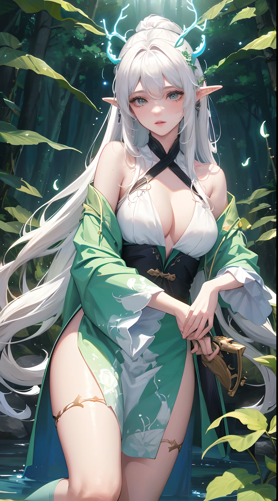 Masterpiece, best quality, (very detailed CG unified 8k wallpaper), (best quality), (best illustration), (best shadow), close-up of a beauty with white hair and white mask, beautiful figure painting, Guvitz, Guwiz style artwork, white-haired god, Yang J, epic exquisite character art, amazing character art, Fan Qi, Wu Zhun Shifan, Guwiz in pixiv art station, glowing elf, with a glowing deer, drinking water in the pool, Natural elements in forest theme. Mysterious forest, beautiful forest, nature, surrounded by flowers, delicate leaves and branches surrounded by fireflies (natural elements), (jungle theme), (leaves), (branches), (fireflies), (particle effects) and other 3D, Octane rendering, ray tracing, super detailed, nude