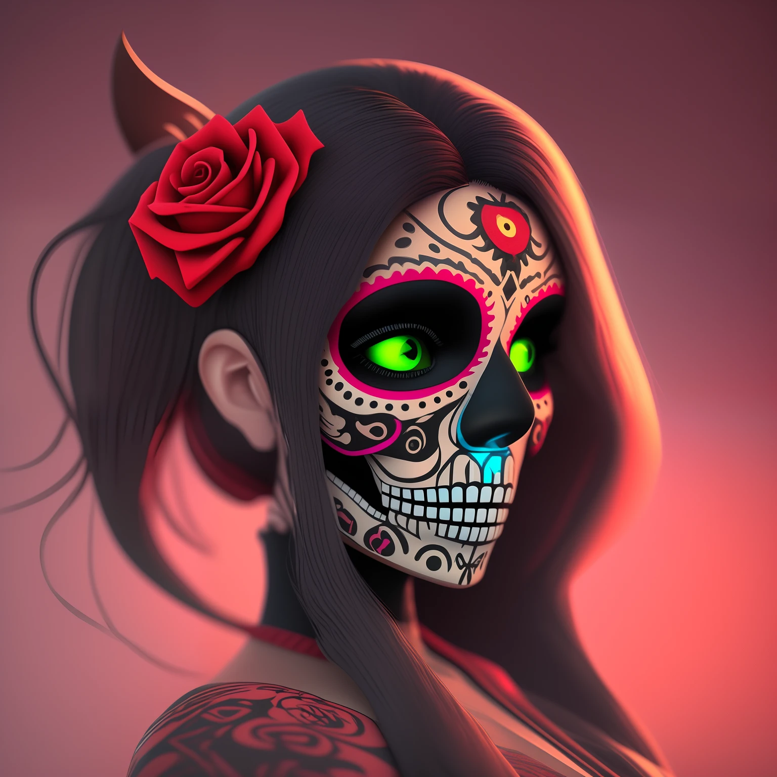 Un estilo giger surrealista, ethereal painting of a goddess of death, Su rostro envuelto en un velo de sombras, head painted like a skull  skeleton, muerte, flores negras, Estilo mexicano, cuerpo completo, fantasy, elegante, Altamente detallado, Pintura digital, Artstation, Arte conceptual, Suave, sharpen focus, 4k, Cinematographer, fotorrealista, detailed illustration cute digital painting, Soft lighting, isometric style, retro aesthetic, 4k-resolution, Photorealistic rendering, Serpientes, acentos amarillos , labios rojos